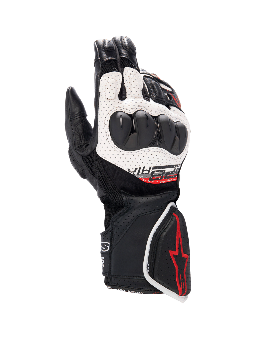 Alpinestars SP-8 V3 Air handskar, racinghandskar för herr, svarta och vita med röda detaljer, knogskydd och perforerat läder.