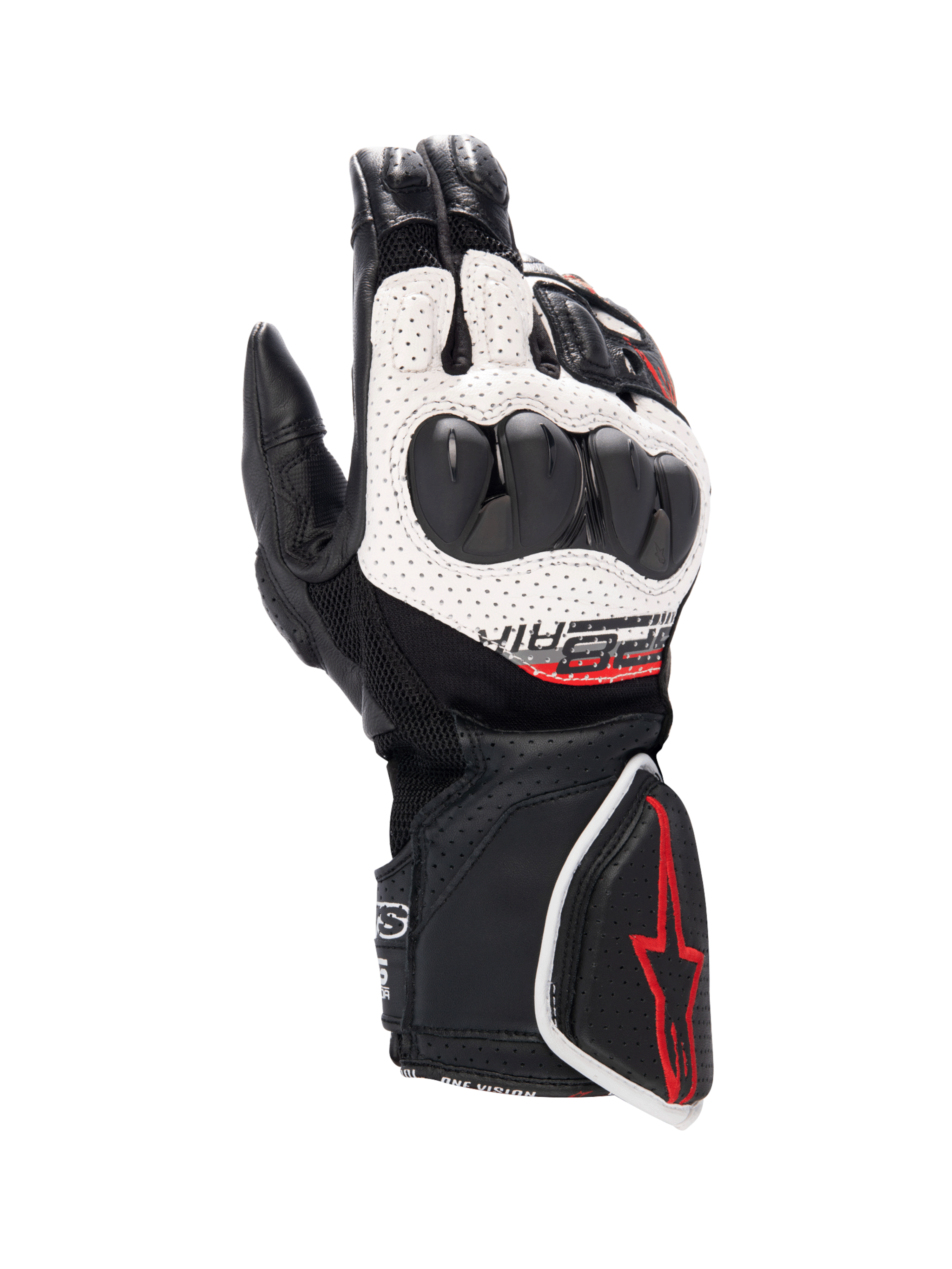 Alpinestars SP-8 V3 Air handskar, racinghandskar för herr, svarta och vita med röda detaljer, knogskydd och perforerat läder.