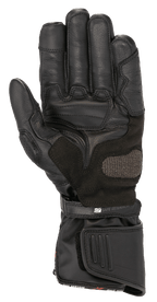 Alpinestars SP-8 HDry® Gloves, Motorcycle Gloves, Black, palm view showing reinforced leather construction, ARShield landing zone, and dual closure system with 'Safe Retention' strap, waterproof sport riding protection.