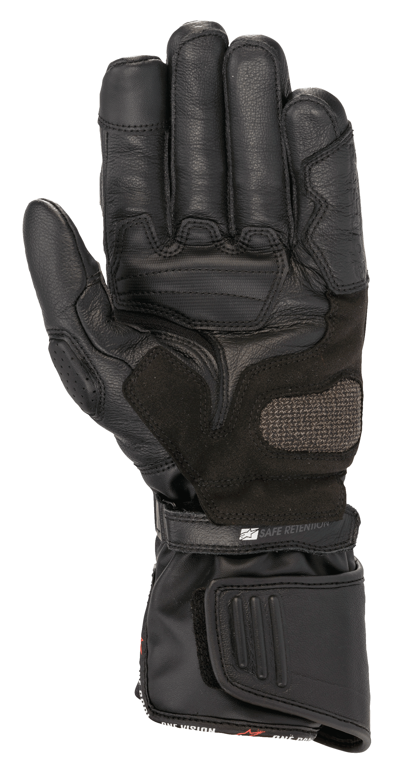 Alpinestars SP-8 HDry® Gloves, Motorcycle Gloves, Black, palm view showing reinforced leather construction, ARShield landing zone, and dual closure system with 'Safe Retention' strap, waterproof sport riding protection.