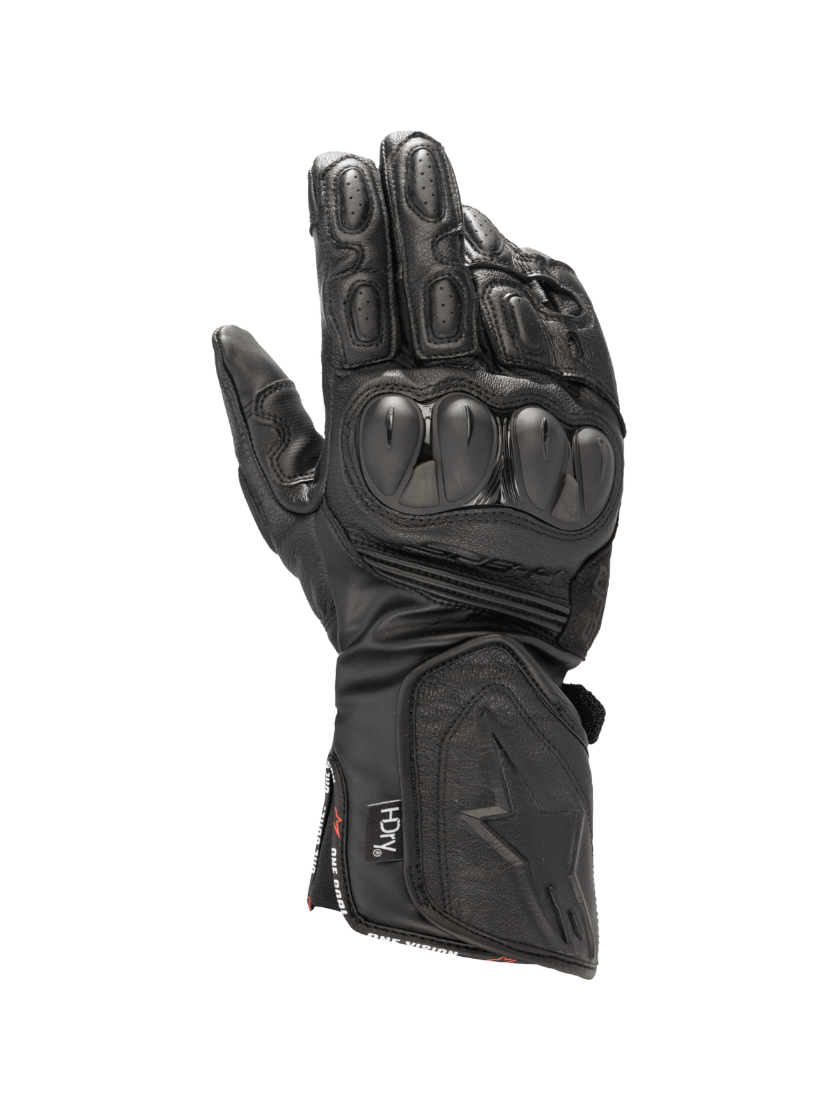 Alpinestars SP-8 HDry® Gloves, waterproof black leather motorcycle racing gloves with dual-density knuckle protection.