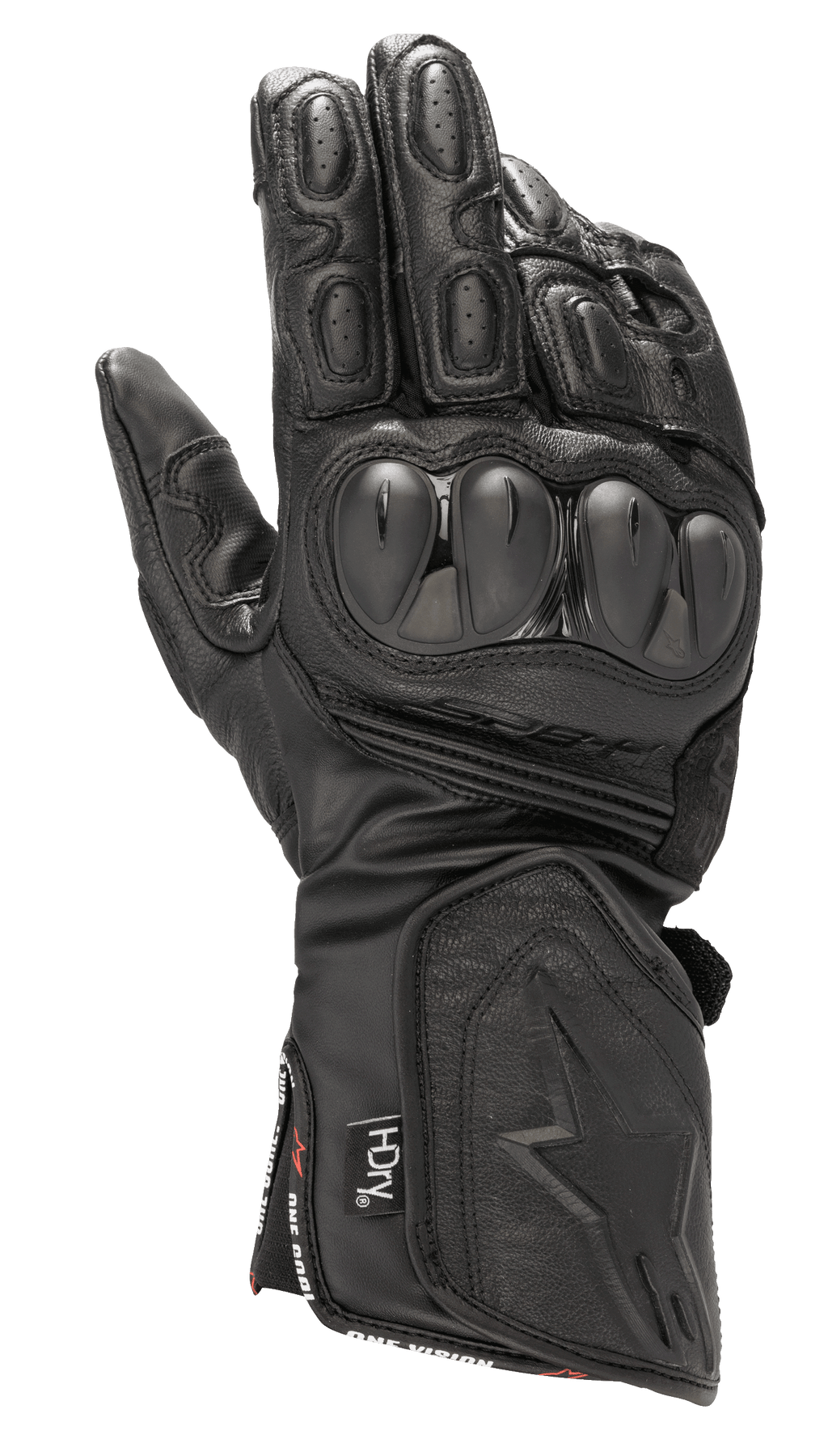 Alpinestars SP-8 HDry Gloves, Waterproof Motorcycle Racing Gloves, Black, dual-density hard knuckle protectors, textured leather with perforations, padded fingers, long gauntlet cuff with embossed star logo, and HDry technology branding