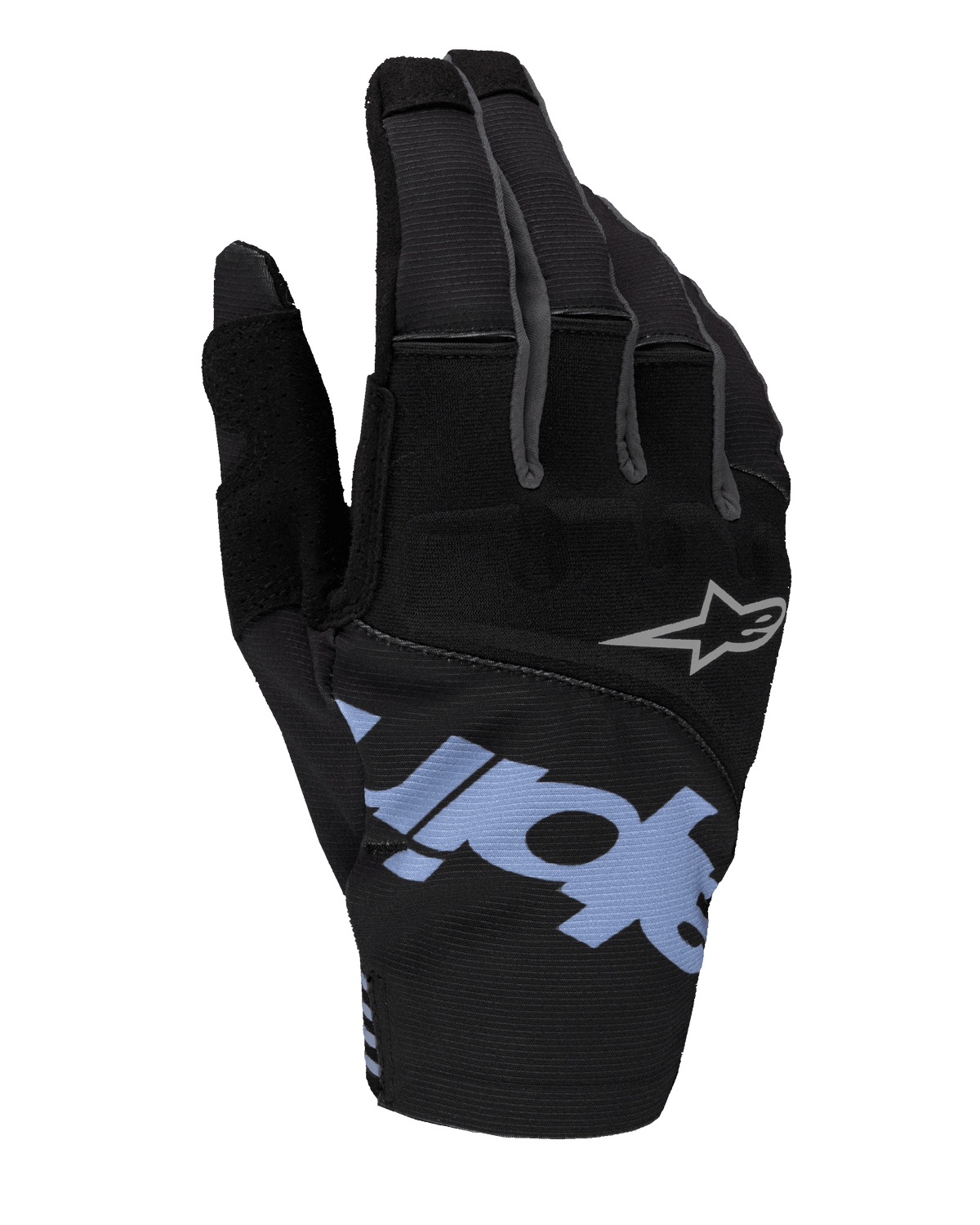 Alpinestars 2025 Techstar handskar, motocrosshandskar, svarta med ljusblå och grå detaljer, med stor ljusblå logotyp och liten grå stjärnlogotyp, ovansida i stretchig ripstop och neopren för terrängkörning