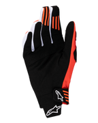 Alpinestars 2025 Techstar Gloves, Motocross Gloves, Black and Hot Orange, palm view featuring synthetic suede, orange silicone grip on index and middle fingertips, and molded closure with white Alpinestars logo.
