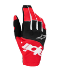Alpinestars 2025 Techstar Gloves, Motocross Gloves, Black and Bright Red with White Accents, featuring large sublimated Alpinestars branding on the backhand and star logo on the knuckles, durable stretch fabric for off-road racing