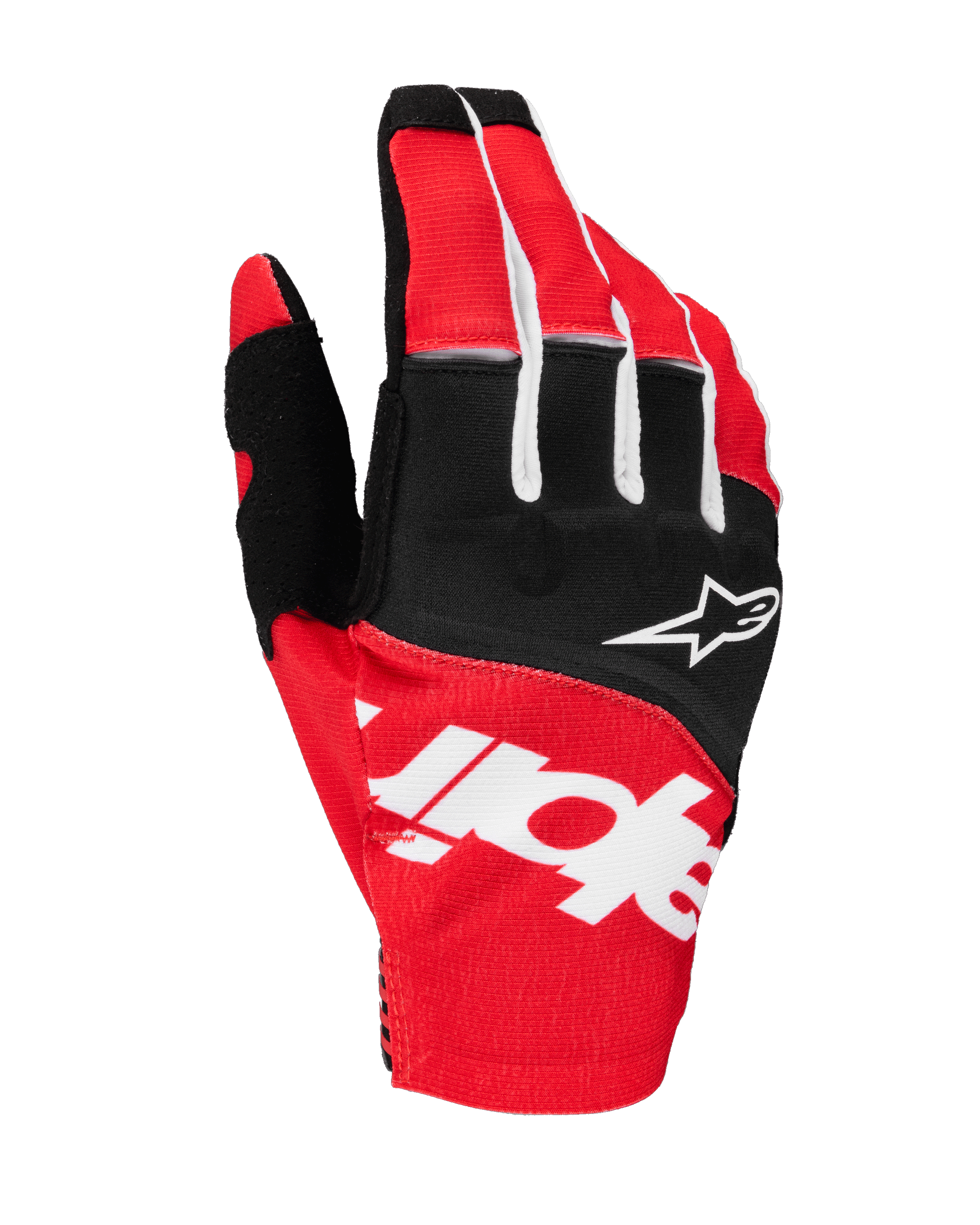 Alpinestars 2025 Techstar handskar, motocrosshandskar, svarta och klarröda med vita detaljer, stor sublimerad Alpinestars-grafik på ovansidan och stjärnlogotyp på knogarna, slitstarkt stretchmaterial för off-road racing