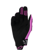 Alpinestars 2026 Techstar-handskar, motocrosshandskar, svarta och lila, vy av handflatan med konstruktion i syntetisk mocka, silikongrepp på fingrarna och ett formgjutet kardborreband med logotyp.
