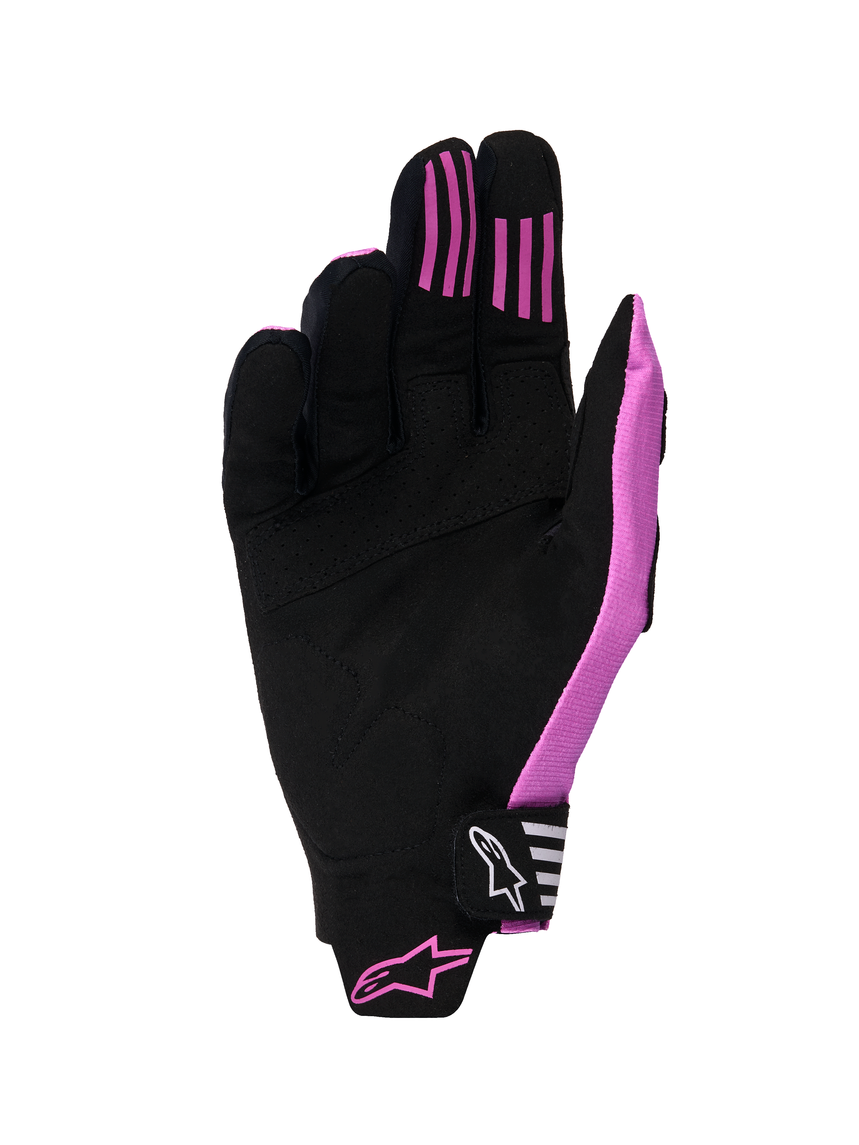 Alpinestars 2026 Techstar-handskar, motocrosshandskar, svarta och lila, vy av handflatan med konstruktion i syntetisk mocka, silikongrepp på fingrarna och ett formgjutet kardborreband med logotyp.