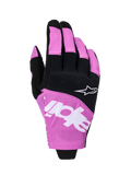 Alpinestars 2026 Techstar-handskar, motocrosshandskar, svarta och lila, vy över handryggen med vit Astar-logotyp och varumärkestryck, konstruktion i stretchig mikroripstop, högpresterande handskydd för terrängkörning
