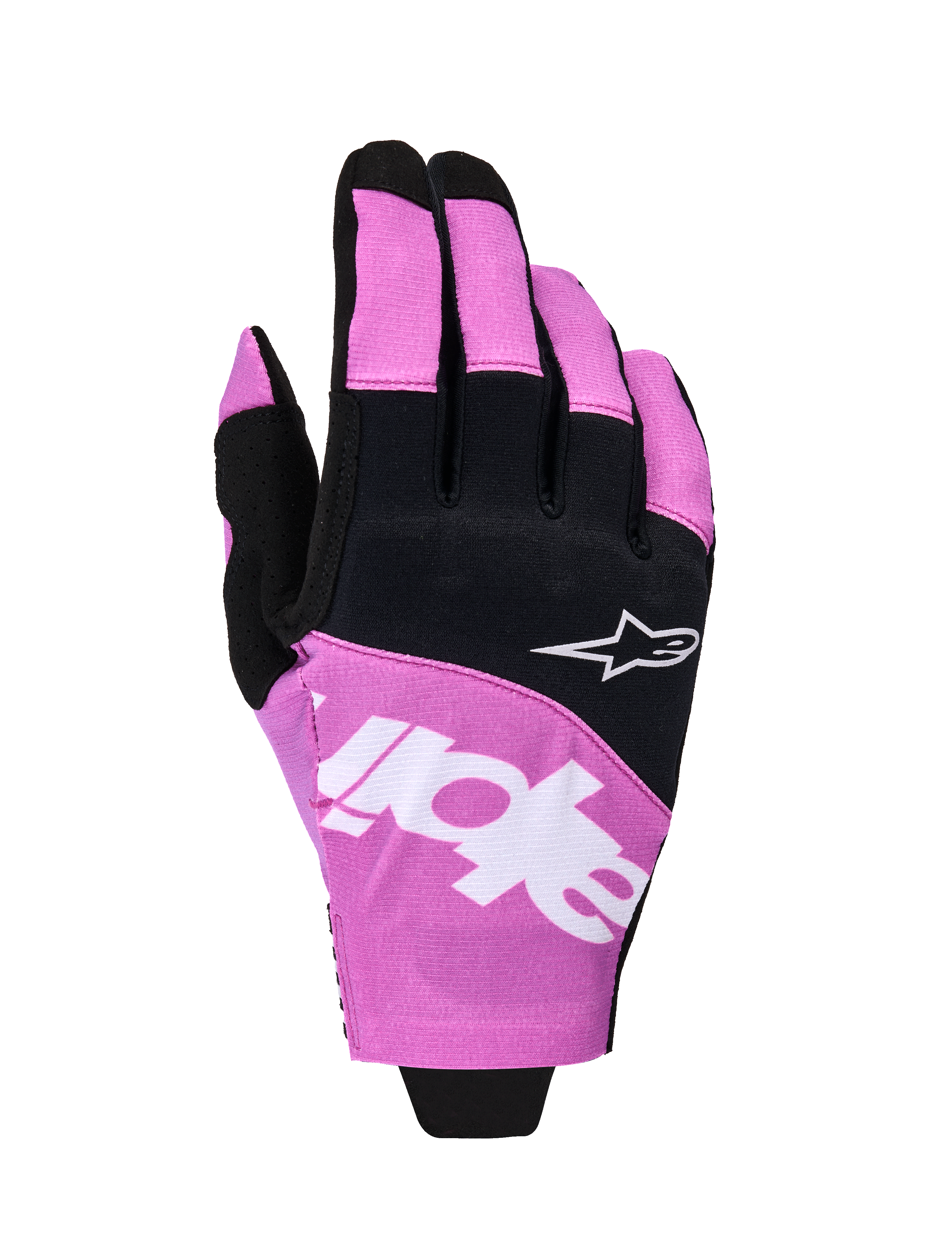 Alpinestars 2026 Techstar-handskar, motocrosshandskar, svarta och lila, vy över handryggen med vit Astar-logotyp och varumärkestryck, konstruktion i stretchig mikroripstop, högpresterande handskydd för terrängkörning