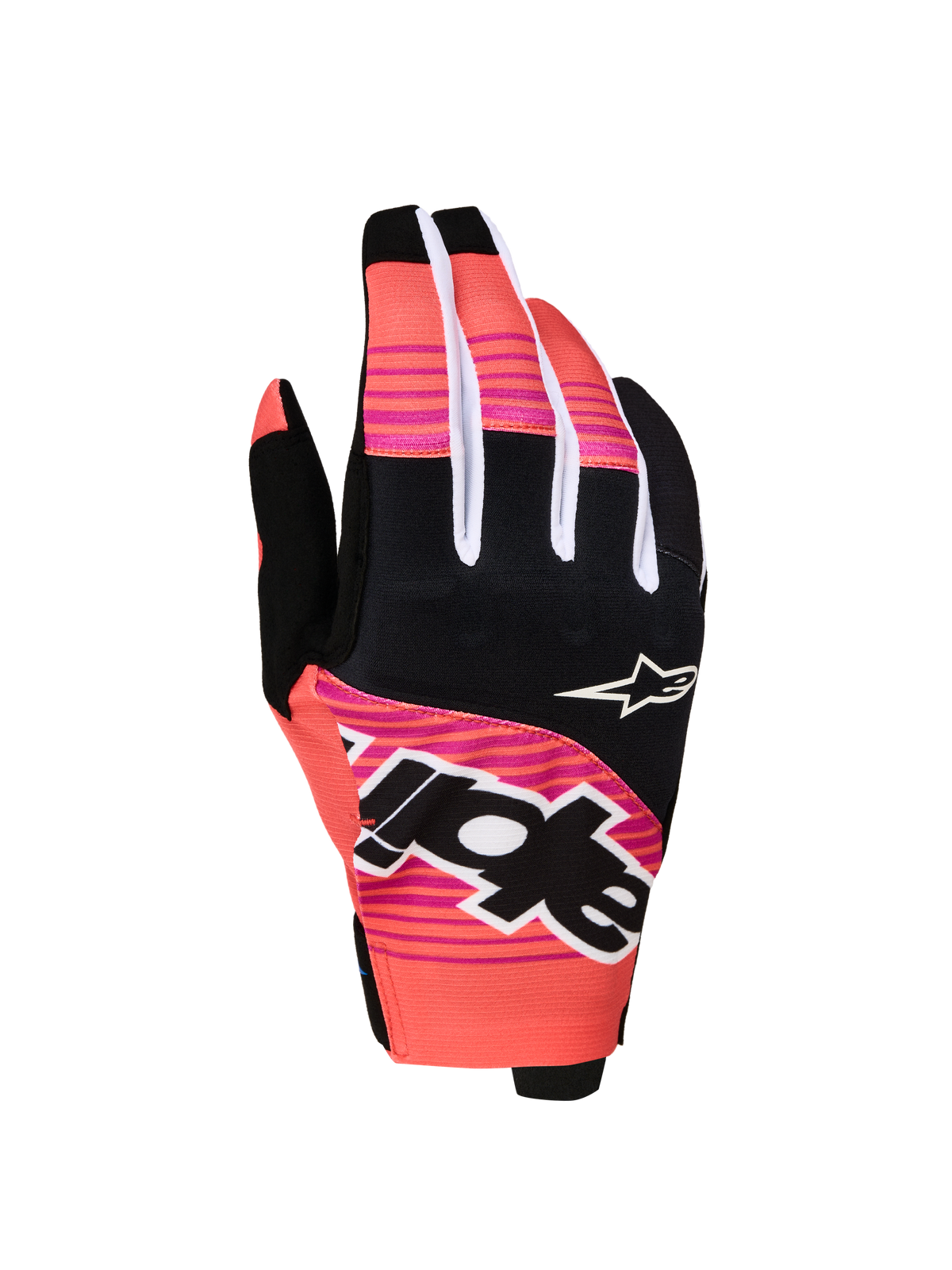 Alpinestars Techstar Gloves 2027, pink and black motocross racing gloves with sublimated graphics and neoprene knuckles.