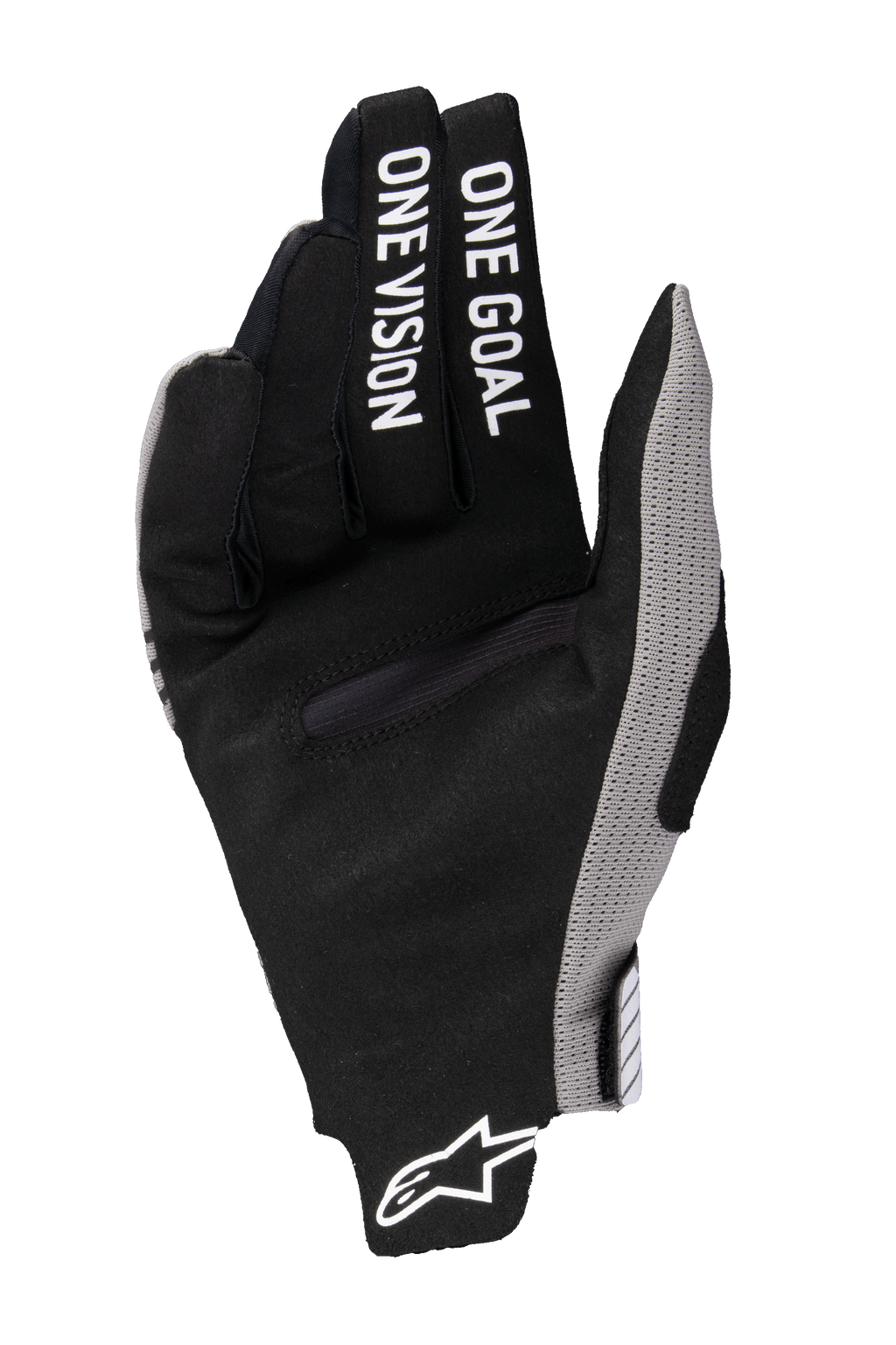 Alpinestars 2025 Radar Pro-handskar, motocrosshandskar, svarta med grå detaljer, handflata med 'ONE GOAL ONE VISION' tryckt på fingrarna, syntetiskt mockamaterial, minimalistisk design för terrängkörning