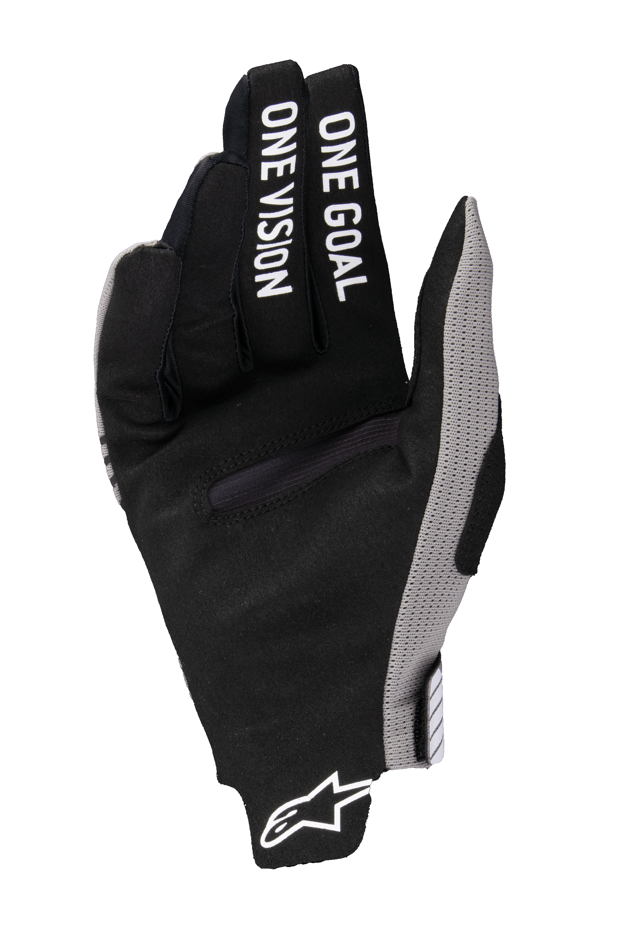 Alpinestars 2025 Radar Pro-handskar, motocrosshandskar, svarta med grå detaljer, handflata med 'ONE GOAL ONE VISION' tryckt på fingrarna, syntetiskt mockamaterial, minimalistisk design för terrängkörning