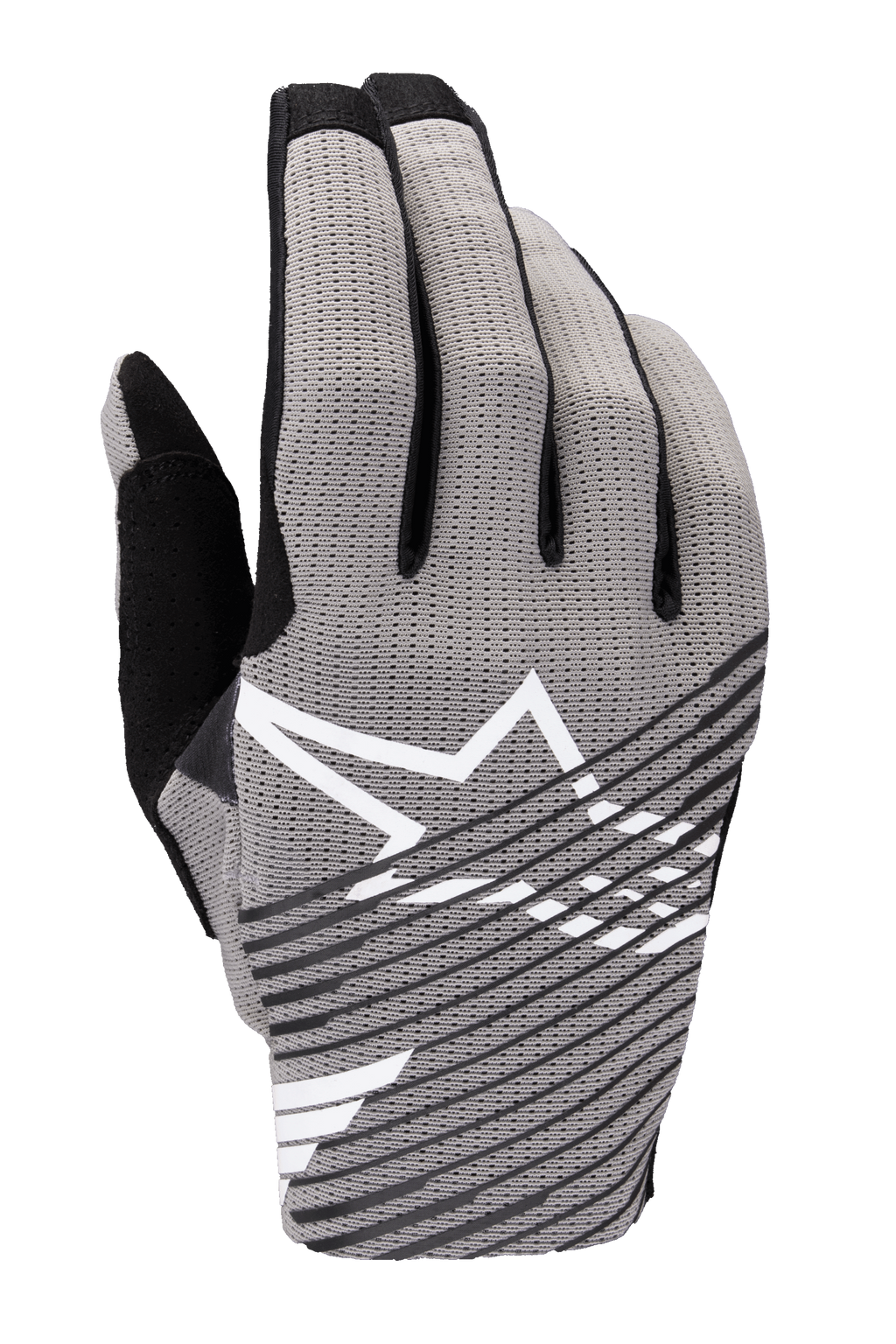 Alpinestars 2025 Radar Pro-handskar, motocrosshandskar, grå med svarta och vita detaljer, med ventilerande handrygg i 4-vägs stretchmesh, vit stjärnlogotyp, svart diagonalt randig design, minimalistisk racingstil för hög prestanda