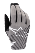 Alpinestars 2025 Radar Pro-handskar, motocrosshandskar, grå med svarta och vita detaljer, med ventilerande handrygg i 4-vägs stretchmesh, vit stjärnlogotyp, svart diagonalt randig design, minimalistisk racingstil för hög prestanda