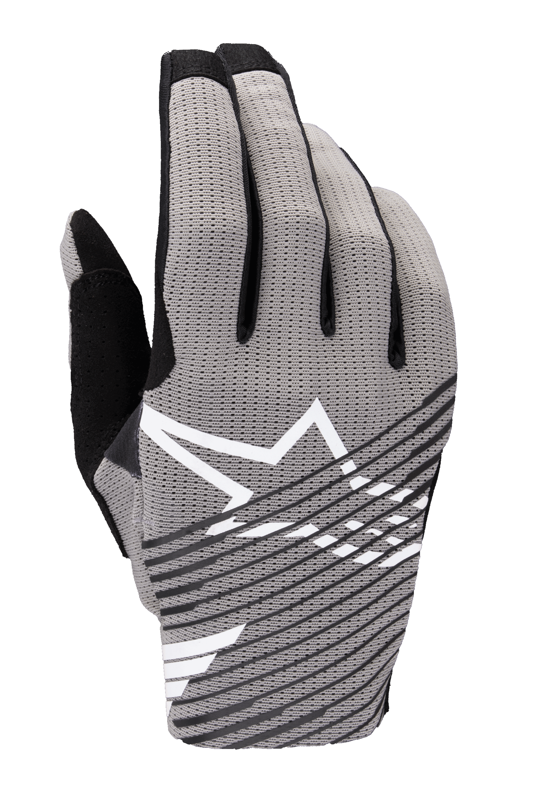Alpinestars 2025 Radar Pro-handskar, motocrosshandskar, grå med svarta och vita detaljer, med ventilerande handrygg i 4-vägs stretchmesh, vit stjärnlogotyp, svart diagonalt randig design, minimalistisk racingstil för hög prestanda