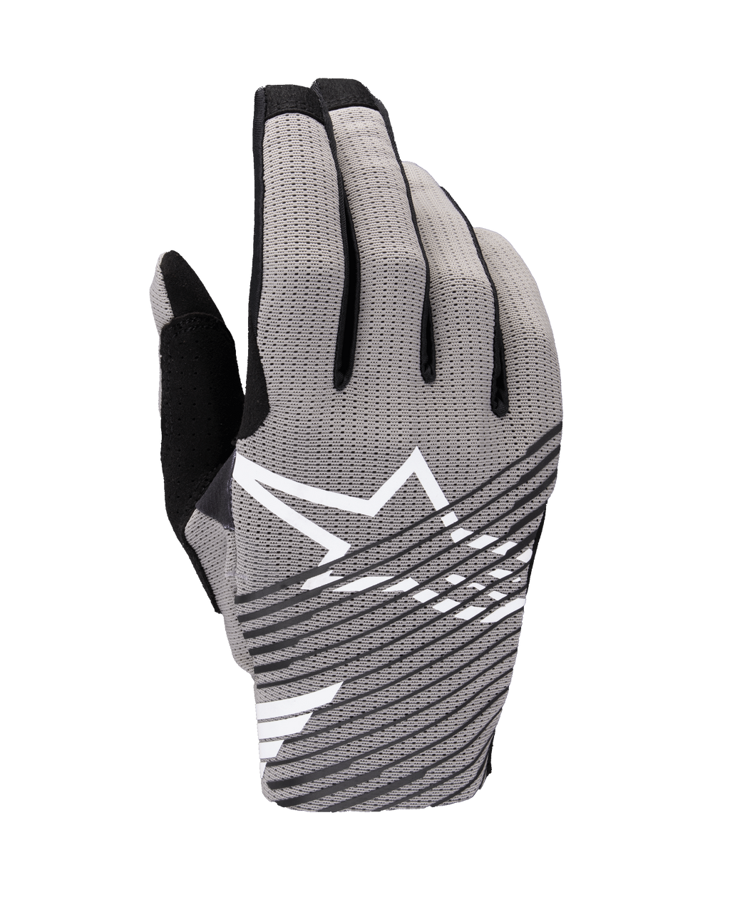 Alpinestars 2025 Radar Pro-handskar, motocrosshandskar, grå och svarta, vy över handryggen med ventilerande 4-vägs stretchmesh, vit stjärnlogotyp med svarta diagonala ränder, designade för prestanda och luftflöde