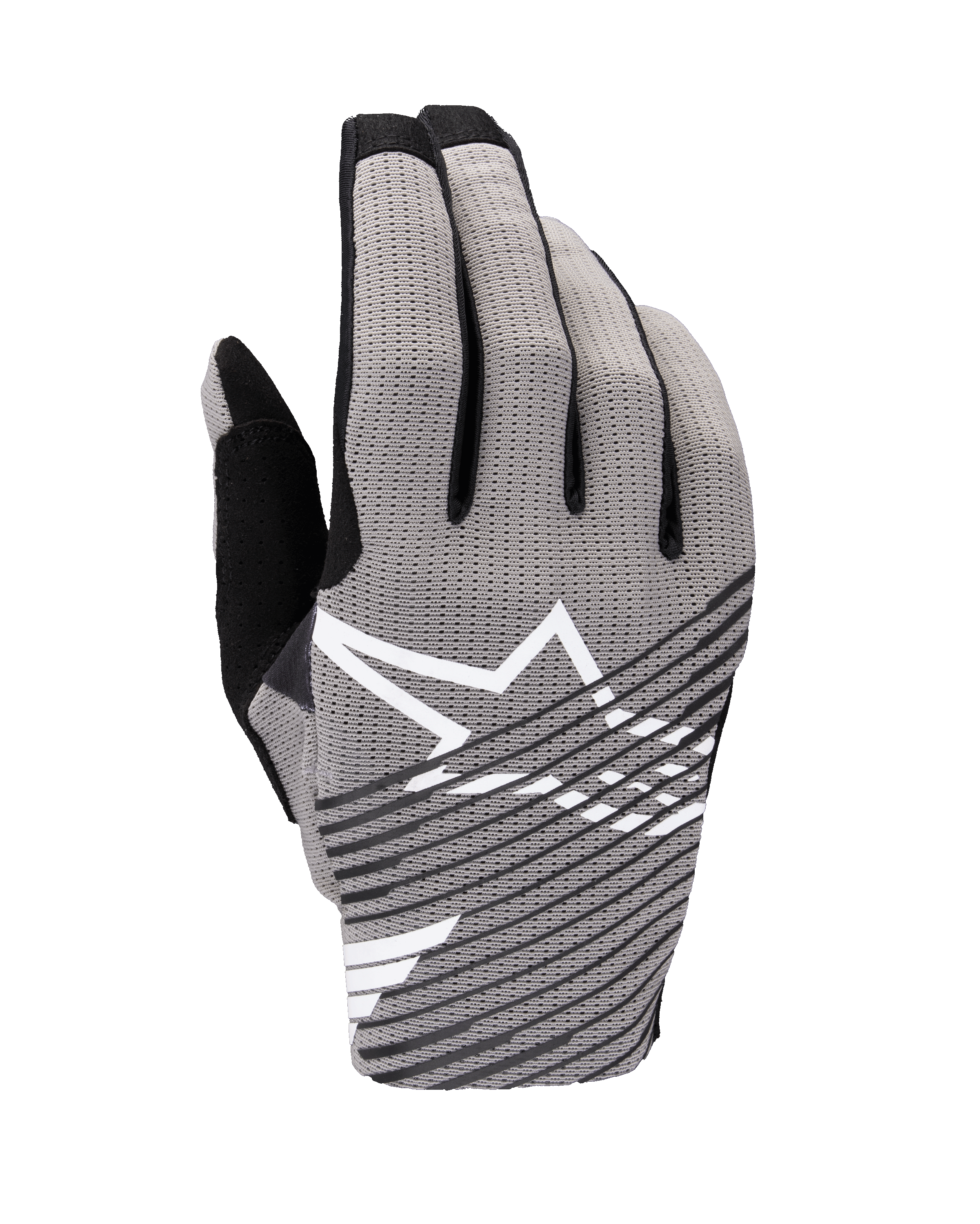 Alpinestars 2025 Radar Pro-handskar, motocrosshandskar, grå och svarta, vy över handryggen med ventilerande 4-vägs stretchmesh, vit stjärnlogotyp med svarta diagonala ränder, designade för prestanda och luftflöde
