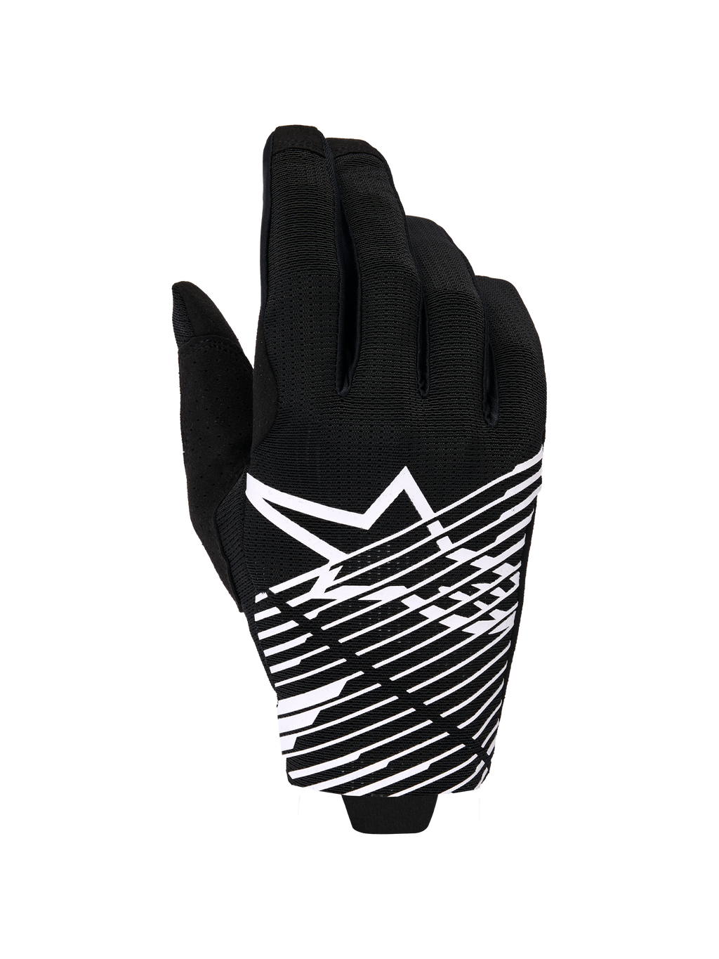 Alpinestars 2026 Radar Pro handskar, motocrosshandskar, svarta och vita, med en vit stjärnlogotyp och diagonal linjegrafik på handryggen, andningsbart meshmaterial med perforerade detaljer, prestandainriktad stil för terrängkörning