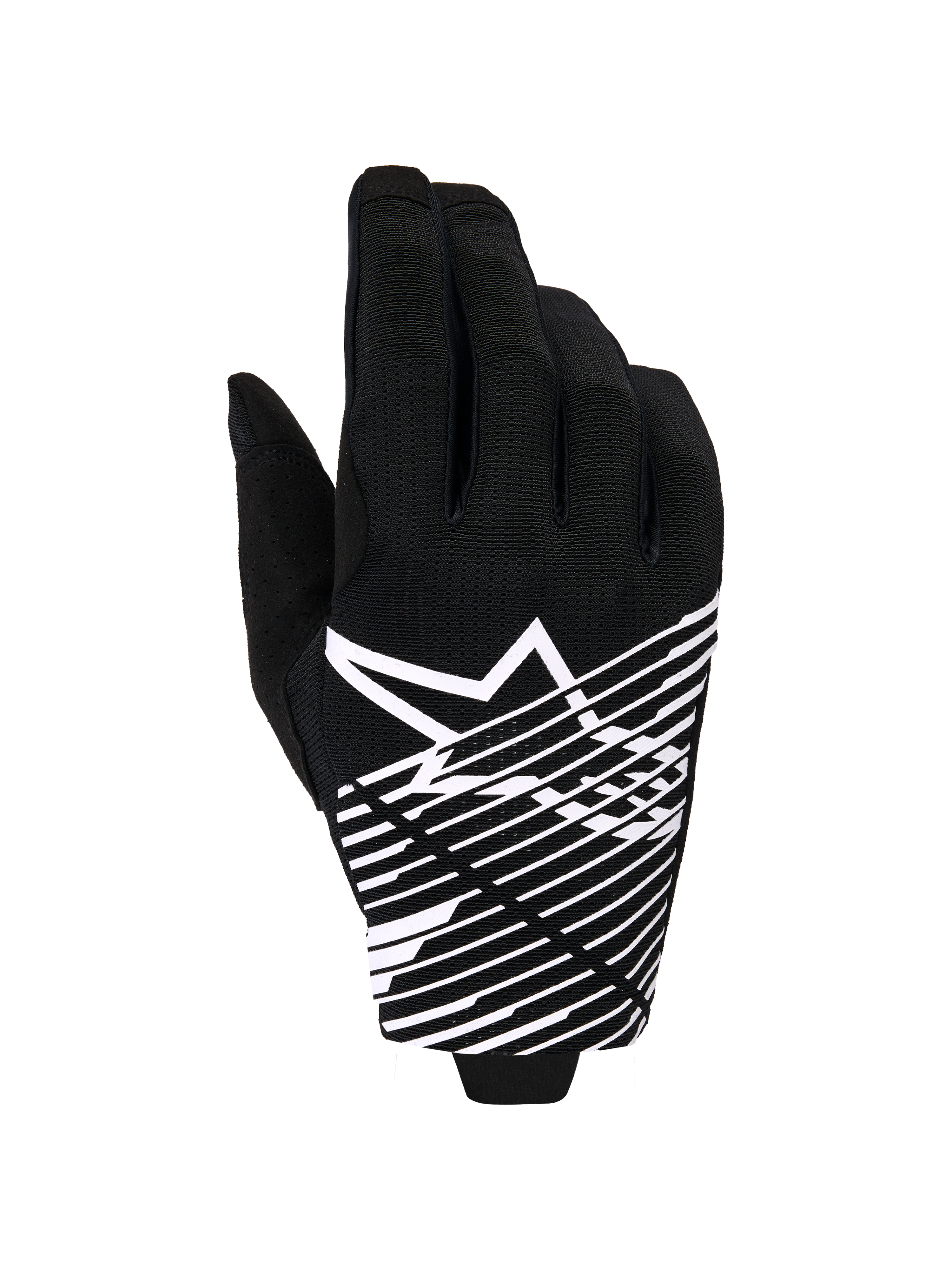 Alpinestars 2026 Radar Pro handskar, motocrosshandskar, svarta och vita, med en vit stjärnlogotyp och diagonal linjegrafik på handryggen, andningsbart meshmaterial med perforerade detaljer, prestandainriktad stil för terrängkörning