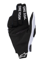 Alpinestars 2025 Radar Pro Gloves, Motocross Gloves, White and Black, palm view featuring black synthetic suede with 'ONE GOAL ONE VISION' text on the fingers, white mesh side panels, and Alpinestars logo at the wrist.