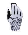 Alpinestars 2025 Radar Pro Gloves, Motocross Gloves, White and Black, backhand view featuring perforated mesh construction, black Alpinestars star logo with horizontal graphic lines, and black finger accents