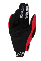 Alpinestars 2025 Radar Pro Gloves, Motocross Gloves, Bright Red, black synthetic suede palm featuring "ONE GOAL ONE VISION" text on fingers, red mesh accents, white Astars logo on the cuff, minimalistic design for maximum control