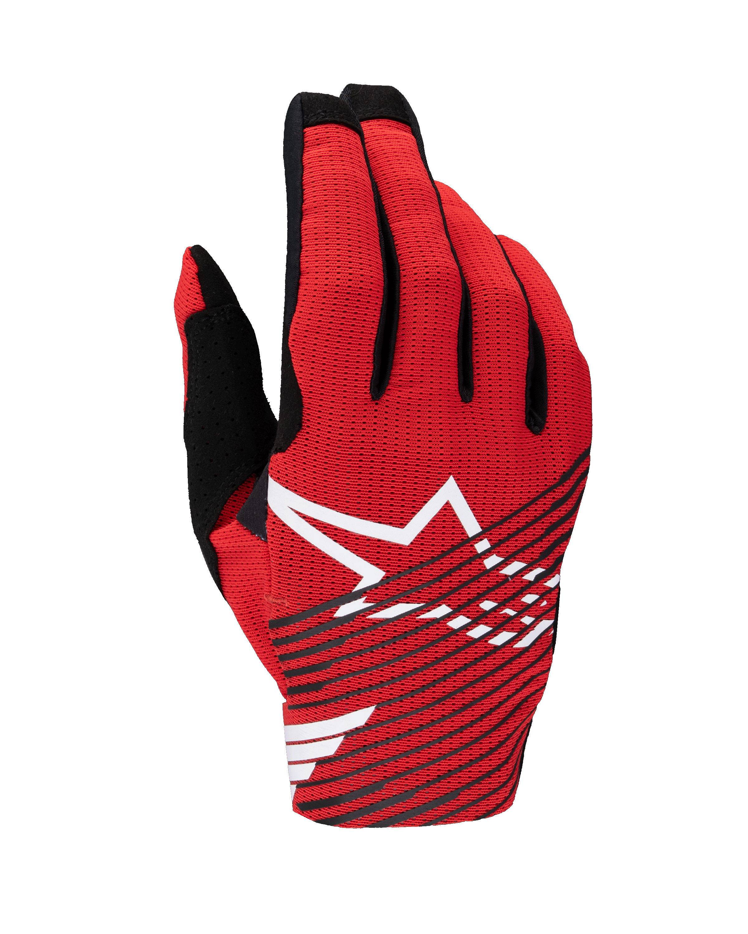 Alpinestars 2025 Radar Pro handskar, motocrosshandskar, klarröda med svarta och vita detaljer, med en stor vit stjärnlogotyp och svarta diagonala ränder på en handrygg i ventilerande mesh, lättviktsutrustning för terrängkörning