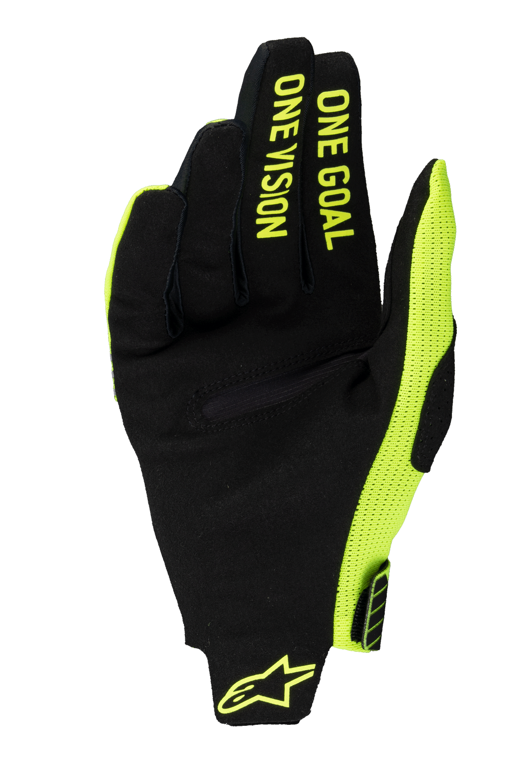 Alpinestars 2025 Radar Pro handskar, motocrosshandskar, gul fluo och svart, vy av handflatan i syntetisk mocka med texten 'ONE GOAL ONE VISION' på fingrarna, neon gul meshpanel på sidan och logotyp vid handleden