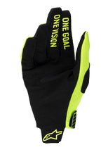 Alpinestars 2025 Radar Pro handskar, motocrosshandskar, gul fluo och svart, vy av handflatan i syntetisk mocka med texten 'ONE GOAL ONE VISION' på fingrarna, neon gul meshpanel på sidan och logotyp vid handleden