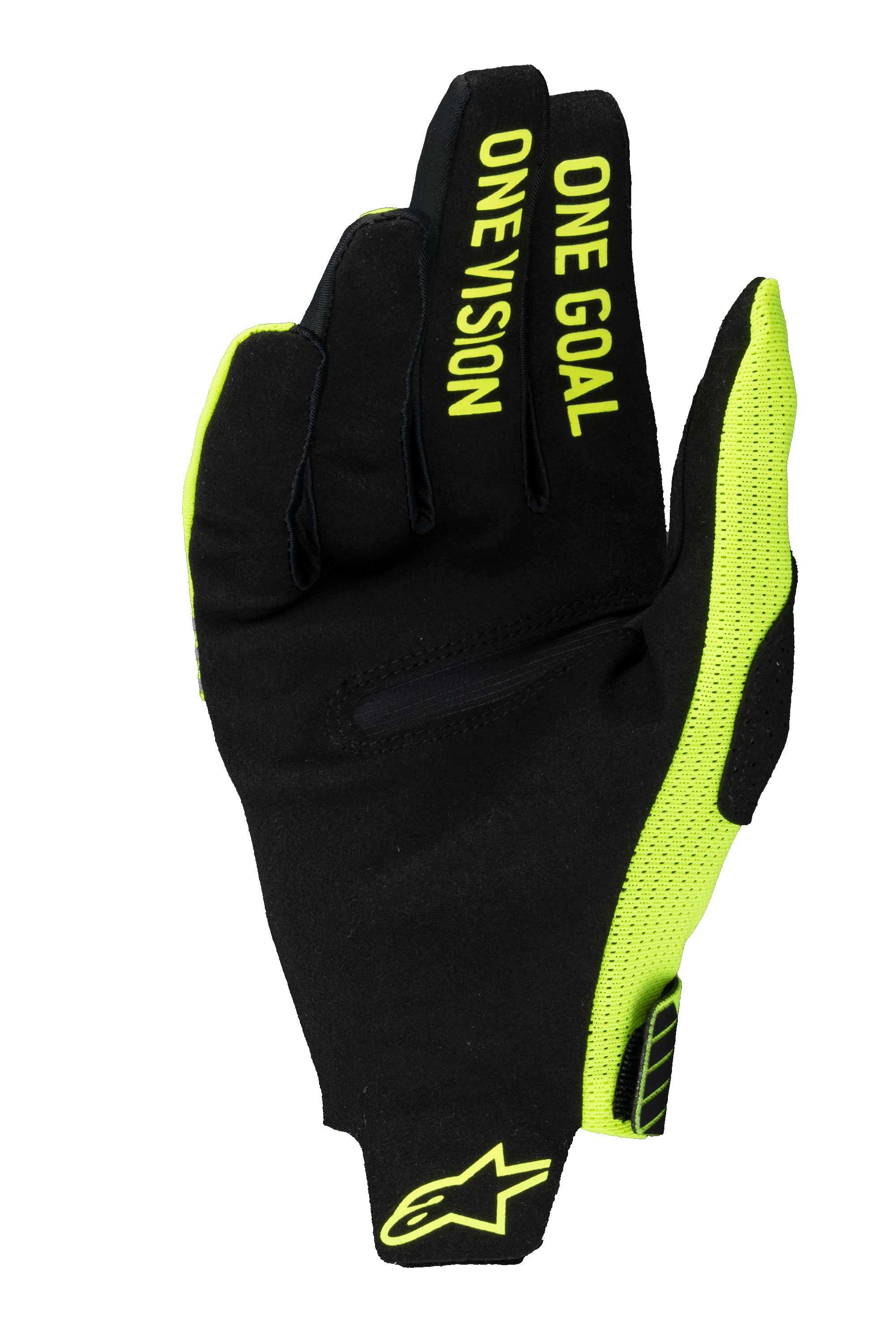 Alpinestars 2025 Radar Pro handskar, motocrosshandskar, gul fluo och svart, vy av handflatan i syntetisk mocka med texten 'ONE GOAL ONE VISION' på fingrarna, neon gul meshpanel på sidan och logotyp vid handleden