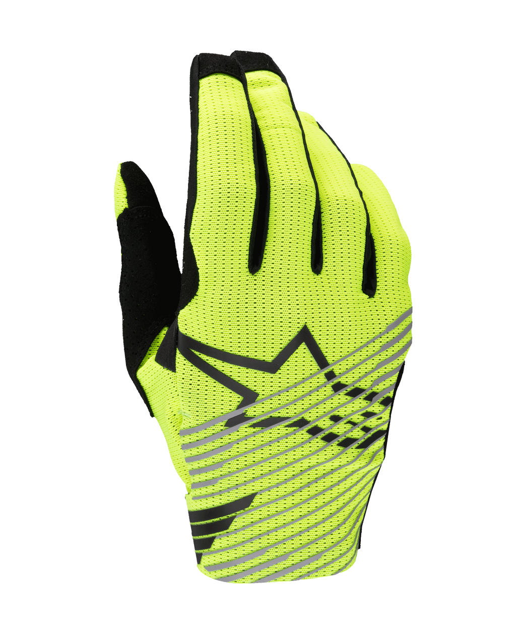 Alpinestars 2025 Radar Pro-handskar, motocrosshandskar, neongula och svarta, enlagers ventilerande mesh på handryggen, svart stjärnlogotyp med diagonala grå ränder, högpresterande utrustning för terrängkörning