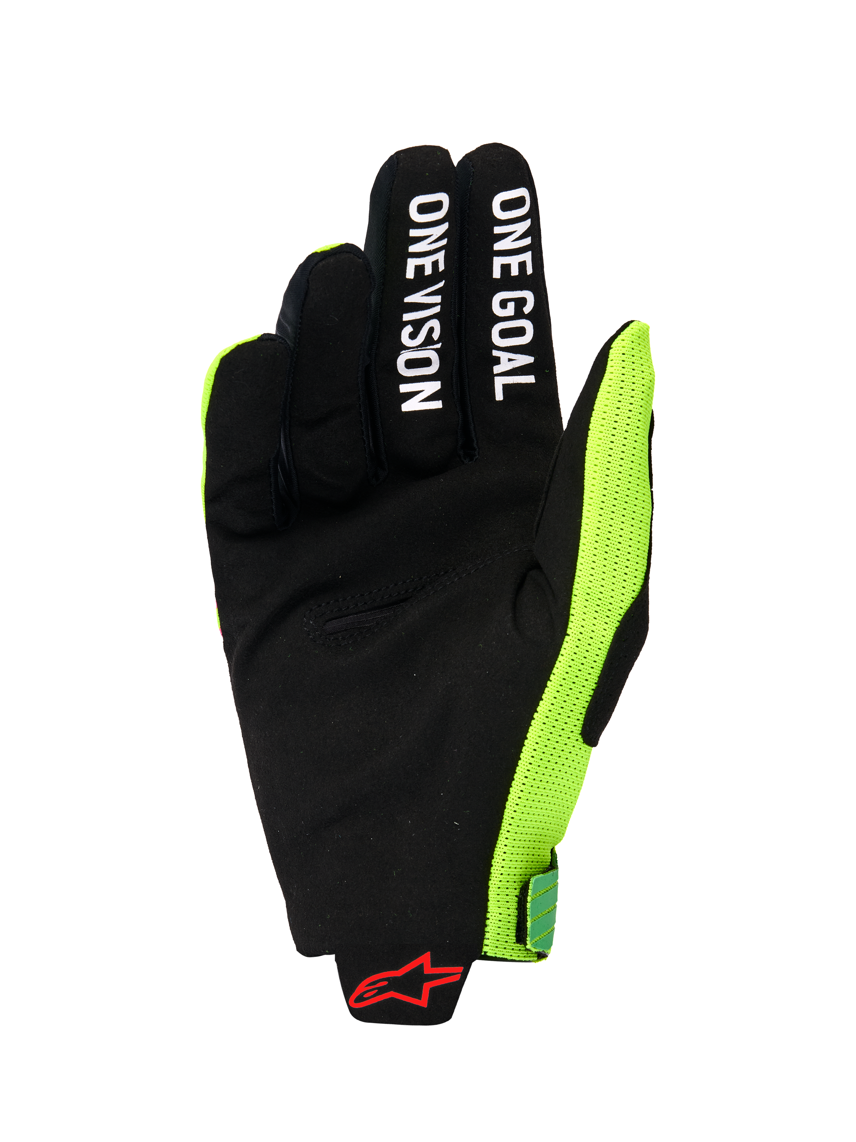 Alpinestars 2026 Radar Pro Gloves, palm view of a motocross glove, black synthetic suede with 'ONE GOAL' and 'ONE VISION' white text on fingers, bright fluo yellow mesh side panel, red Alpinestars logo on the wrist, minimalist performance gear for off-road riding