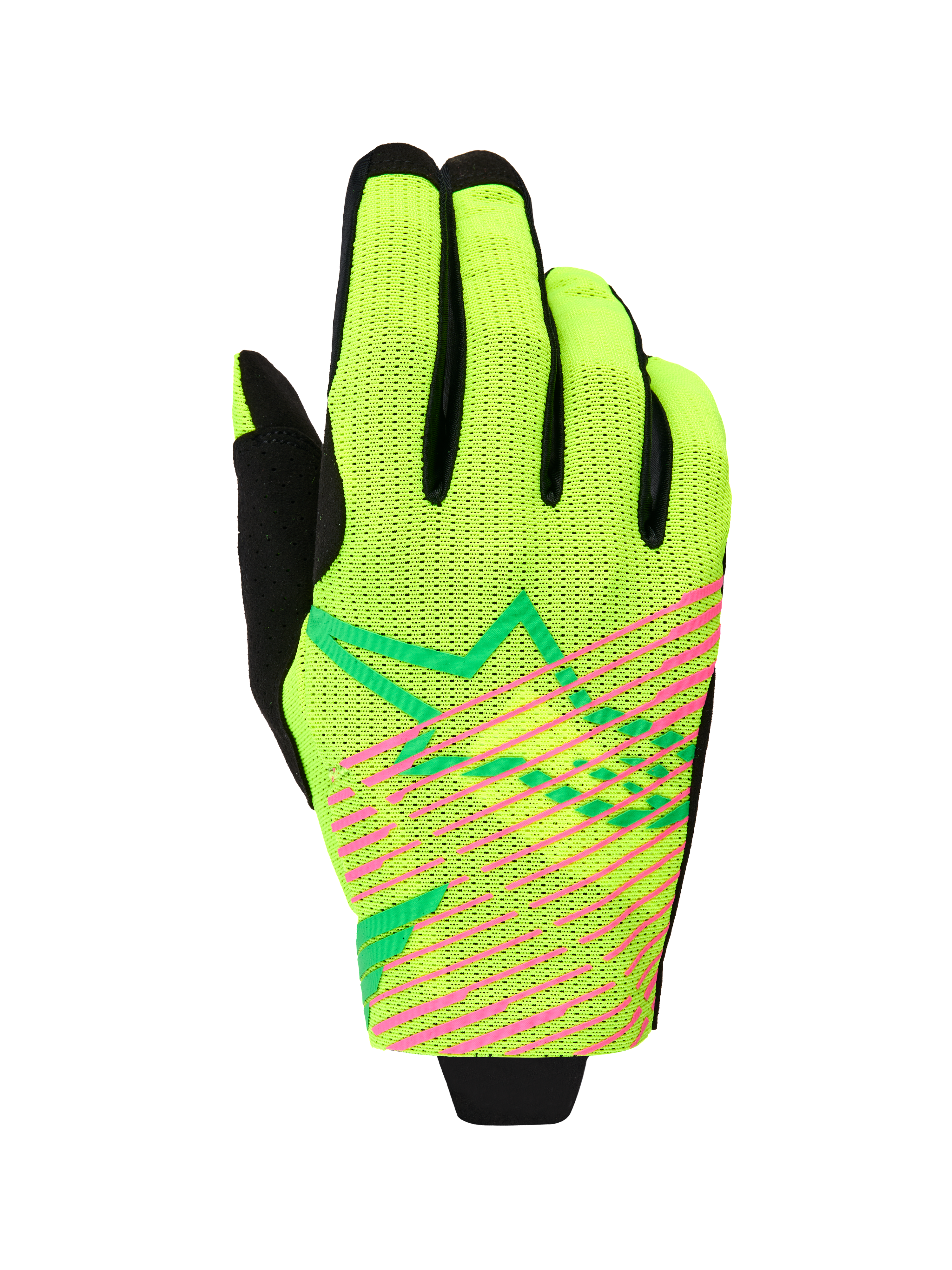Alpinestars 2026 Radar Pro Gloves, Motocross Gloves, Green Yellow Fluo and Pink Fluo, single-layer mesh construction with vibrant pink diagonal stripes and green geometric star logo, lightweight off-road racing gear