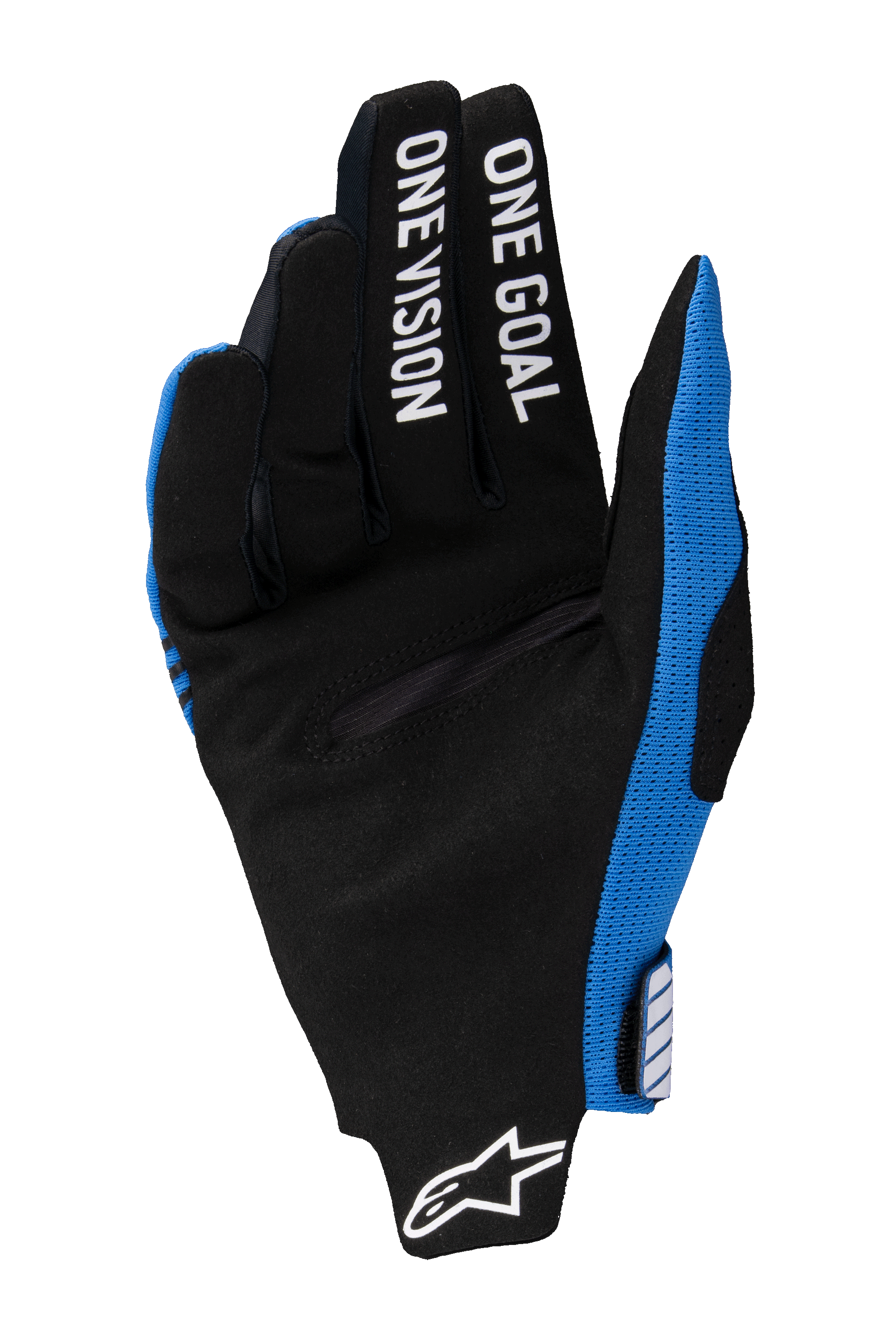 Alpinestars 2025 Radar Pro-handskar, motocrosshandskar, blå och svarta, vy av handflatan i svart syntetmocka, vit "ONE GOAL ONE VISION" tryckt på fingrarna, vit Alpinestars-logotyp vid handleden, lättviktsdesign för off-road racing