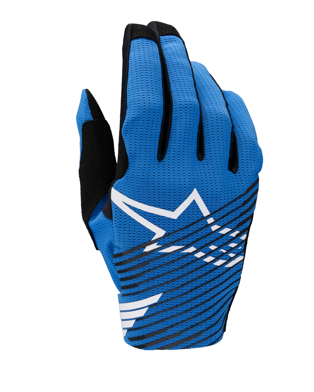 Alpinestars 2025 Radar Pro-handskar, motocrosshandskar, blå med vit Astar-logotyp och diagonala svarta ränder, lätt ventilerande meshdesign för prestanda vid terrängkörning