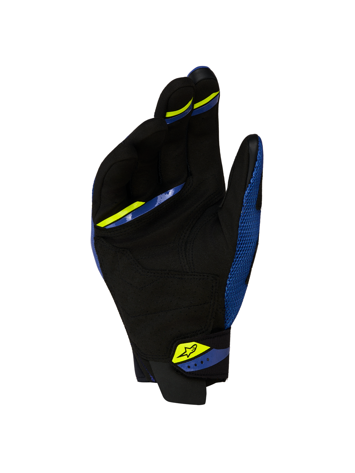 Alpinestars Megawatt V2 Air handskar, motocross- och endurohandskar, klarglada blå och svarta, vy bakifrån som visar slitstark 3D-mesh och neoprenmudd