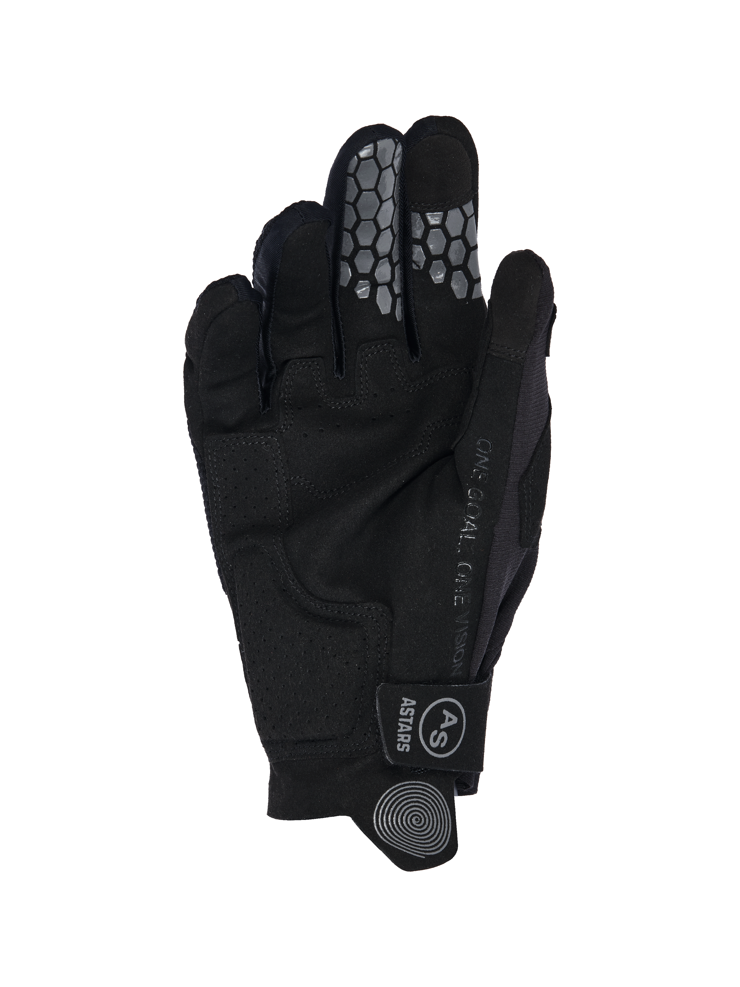Alpinestars Pro-Dura-handskar 2026, vy av handflatan, svart syntetisk mocka med perforerade förstärkningar, bikakeformat silikongrepp på pek- och långfingrar, 'ONE GOAL. ONE VISION'-text och handledsrem med Astars-logotyp