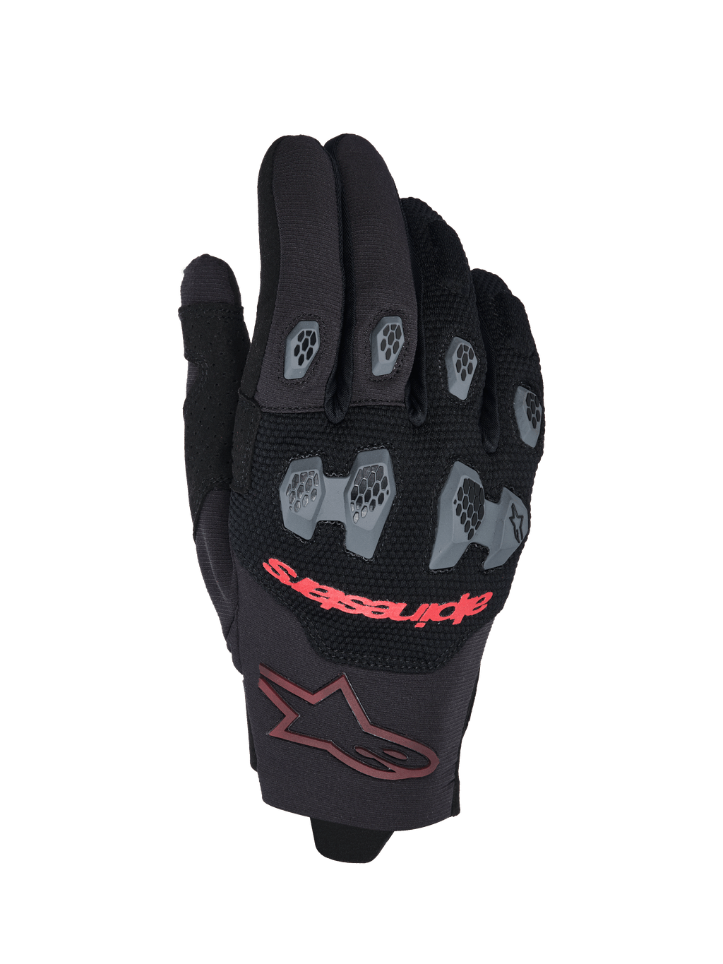 Alpinestars 2026 Pro-Dura handskar, motocross- och endurohandskar, svarta och klarröda, med grå TPR-skydd för knogar och fingrar i ett hexagonmönster, ventilerande mesh på ovansidan, röd Alpinestars-text och en vinröd stjärnlogotyp på mudden