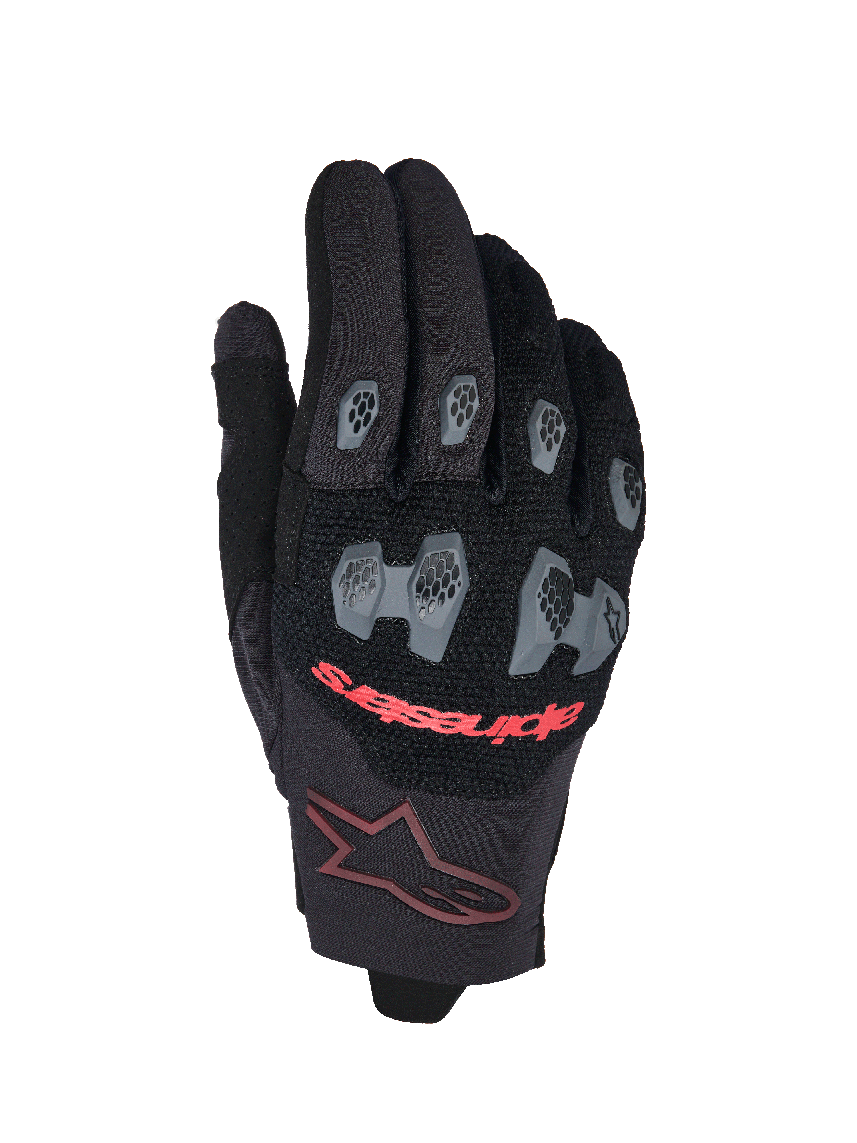Alpinestars 2026 Pro-Dura handskar, motocross- och endurohandskar, svarta och klarröda, med grå TPR-skydd för knogar och fingrar i ett hexagonmönster, ventilerande mesh på ovansidan, röd Alpinestars-text och en vinröd stjärnlogotyp på mudden