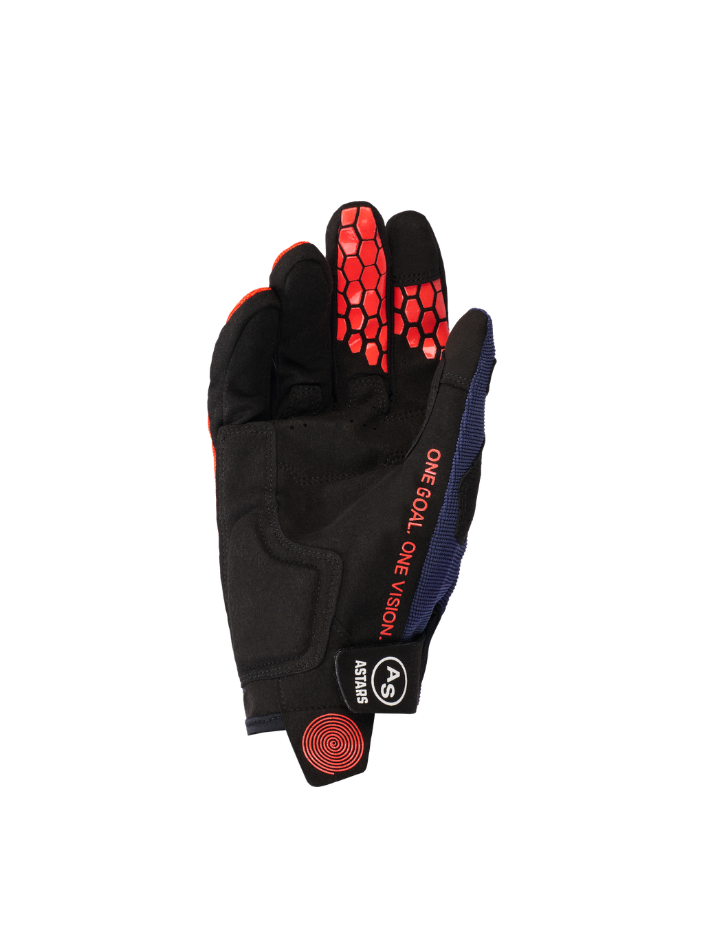 Alpinestars 2026 Pro-Dura-handskar, vy från handflatan, Navy Hot Orange och vit, svart handflata i syntetmocka med orange hexagonalt silikongrepp på fingrarna, orange ”ONE GOAL. ONE VISION.”-text och svart handledsstängning med vit logotyp.
