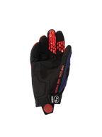 Alpinestars 2026 Pro-Dura-handskar, vy från handflatan, Navy Hot Orange och vit, svart handflata i syntetmocka med orange hexagonalt silikongrepp på fingrarna, orange ”ONE GOAL. ONE VISION.”-text och svart handledsstängning med vit logotyp.