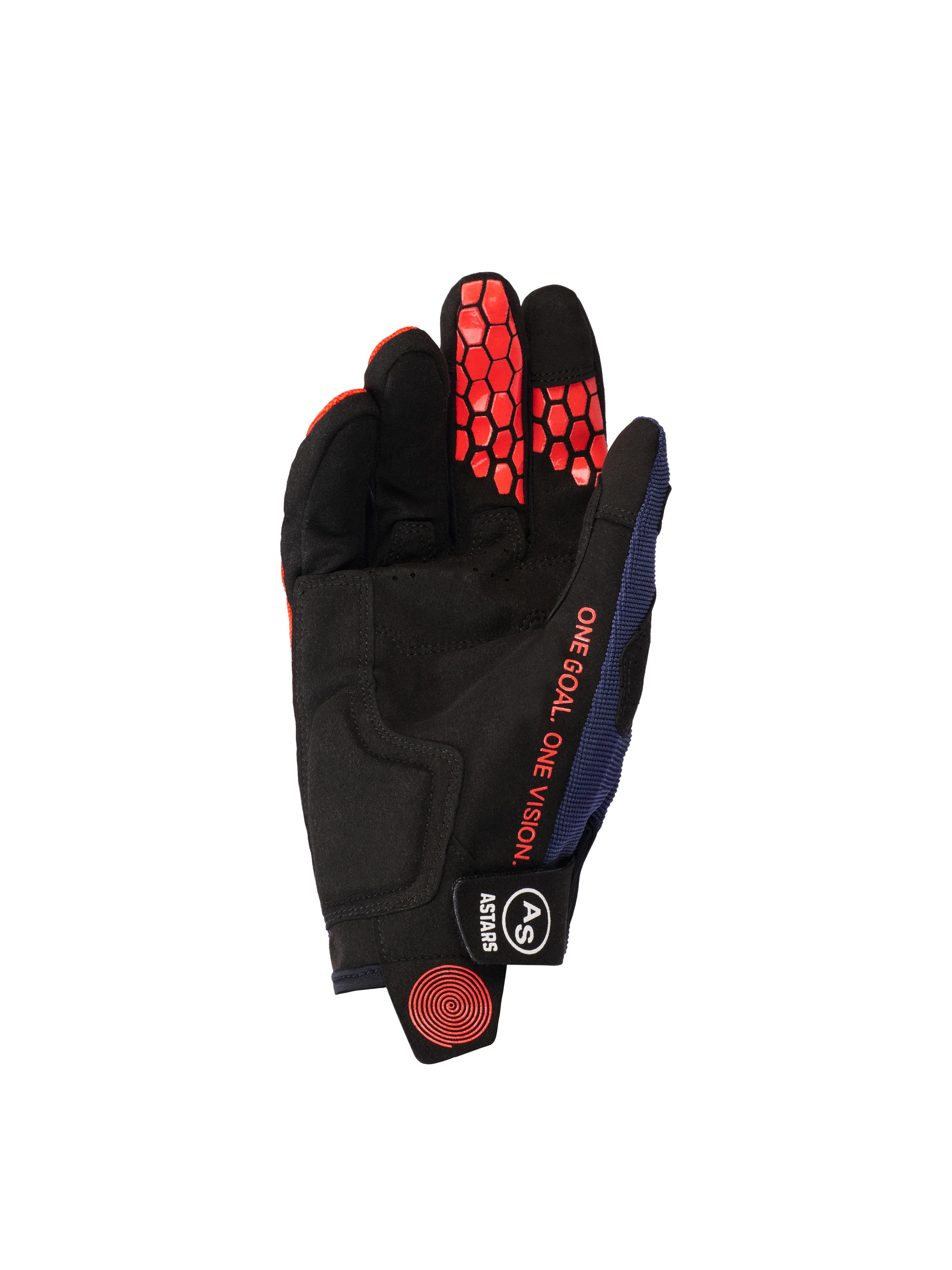 Alpinestars 2026 Pro-Dura-handskar, vy från handflatan, Navy Hot Orange och vit, svart handflata i syntetmocka med orange hexagonalt silikongrepp på fingrarna, orange ”ONE GOAL. ONE VISION.”-text och svart handledsstängning med vit logotyp.