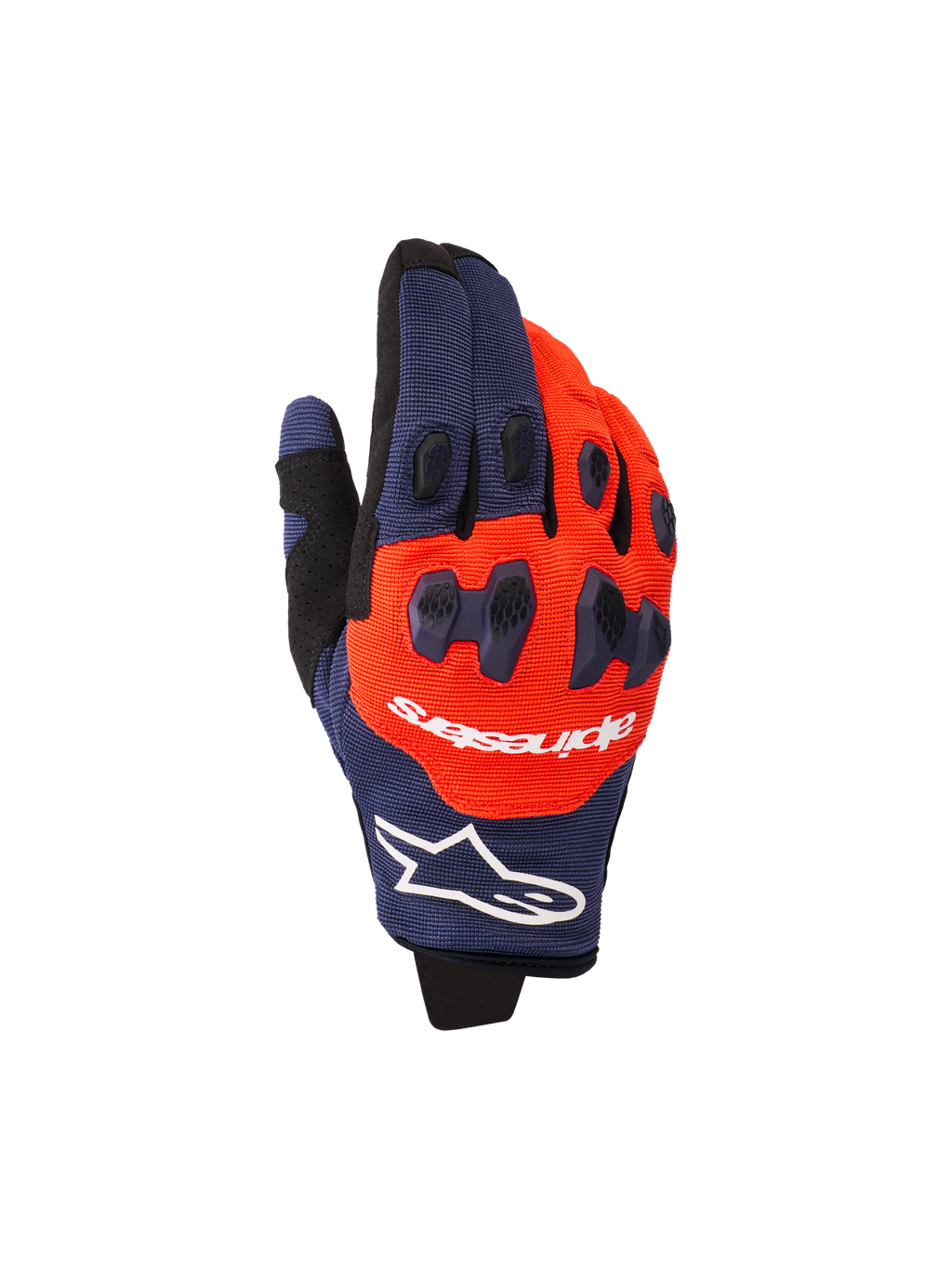 Alpinestars 2026 Pro-Dura handskar, motocross- och endurohandskar, mörkblå och starkt orange med vita detaljer, med tvådelat TPR-knogskydd, Alpinestars-logotyp på ovansidan och flexibel flerpanelskonstruktion