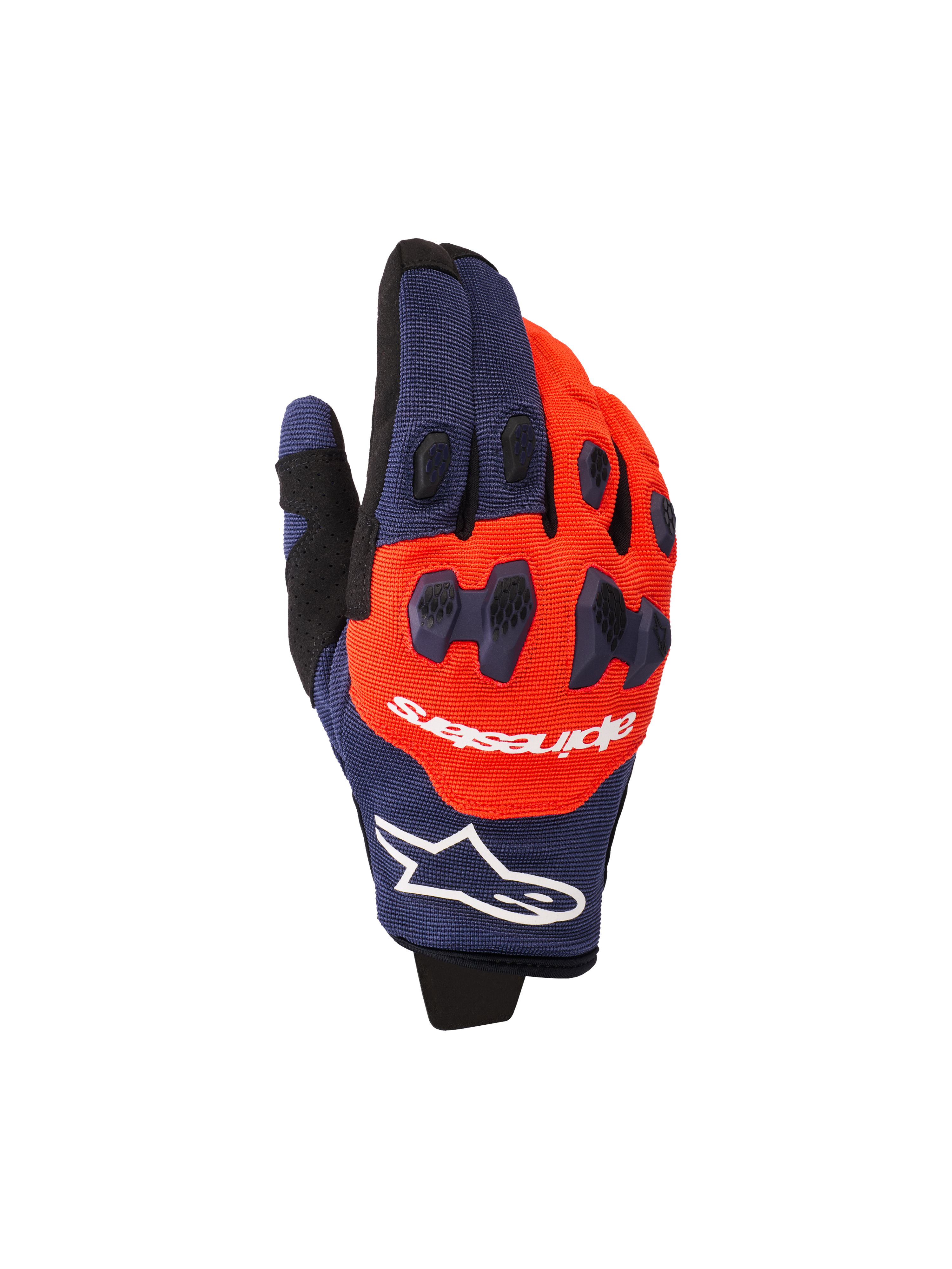 Alpinestars 2026 Pro-Dura handskar, motocross- och endurohandskar, mörkblå och starkt orange med vita detaljer, med tvådelat TPR-knogskydd, Alpinestars-logotyp på ovansidan och flexibel flerpanelskonstruktion