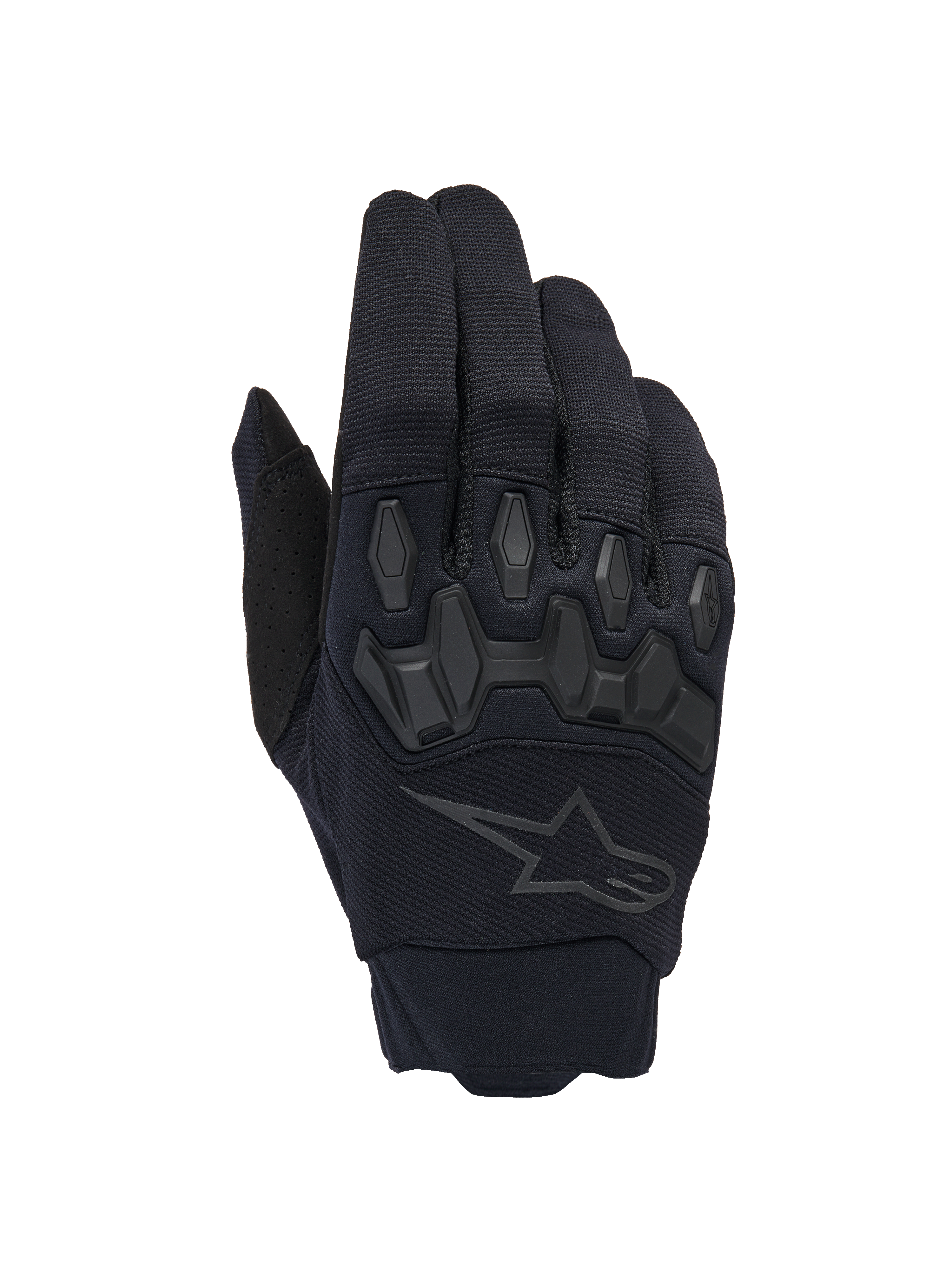 Alpinestars Full Bore V2 handskar, svarta motocrosshandskar, med ergonomiska TPR-knogskydd och andningsbart stretchmaterial, diskret svart stjärnlogotyp på handryggen, högpresterande off-road-utrustning