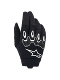 Alpinestars Full Bore V2 handskar, motocrosshandskar, svarta och vita, vy av handryggen som visar ergonomiskt TPR-knogskydd med hexagonala former, vit Alpinestars-logotyp, konstruktion i stretchtextil med andningsförmåga, hållbar racingutrustning för terrängkörning