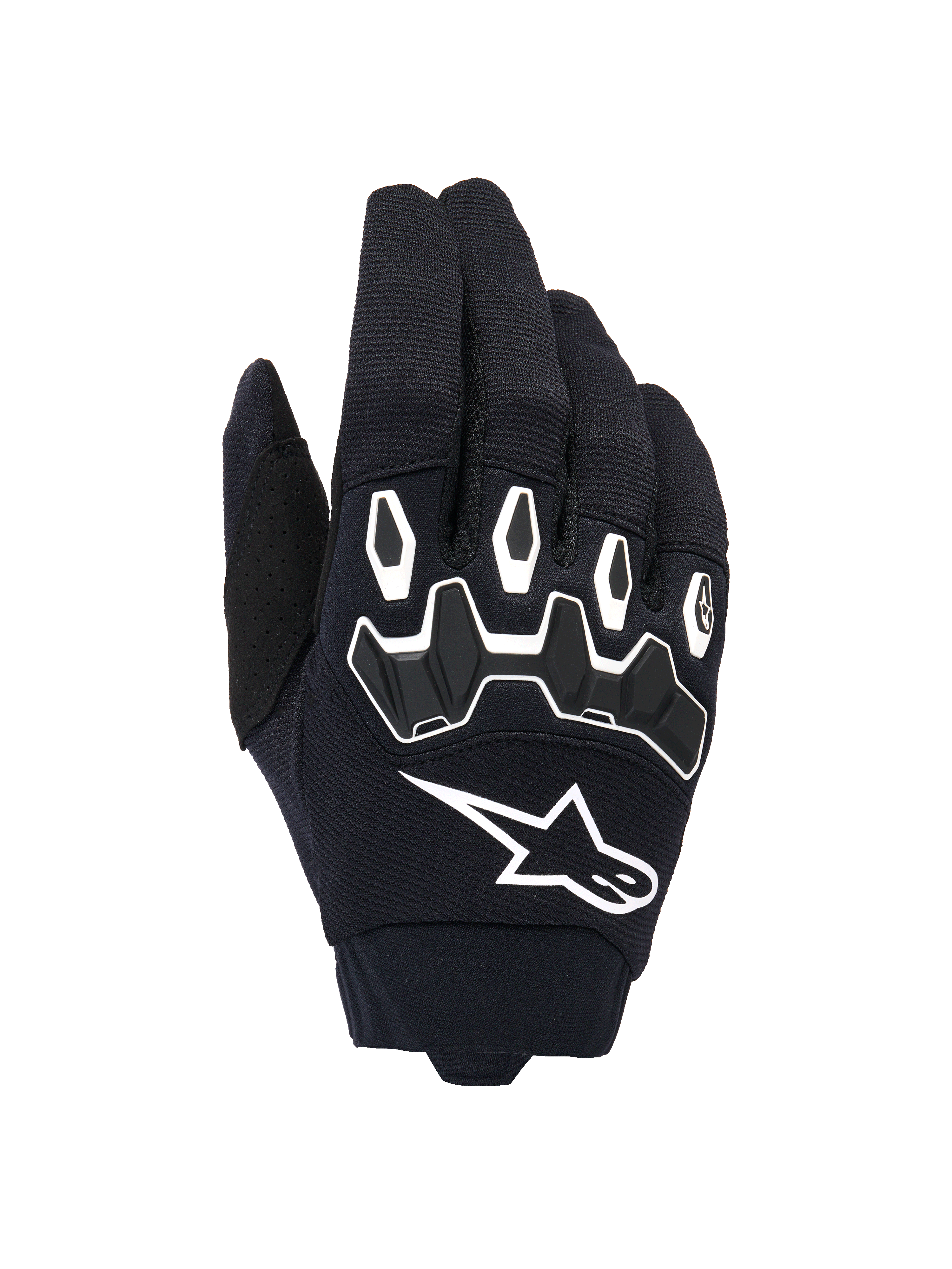 Alpinestars Full Bore V2 handskar, motocrosshandskar, svarta och vita, vy av handryggen som visar ergonomiskt TPR-knogskydd med hexagonala former, vit Alpinestars-logotyp, konstruktion i stretchtextil med andningsförmåga, hållbar racingutrustning för terrängkörning