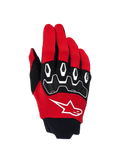 Alpinestars Full Bore V2 Gloves, Motocross Gloves, Bright Red and Black, featuring a white star logo on the backhand, ergonomic TPR knuckle protectors with white highlights, and breathable stretch fabric for off-road performance