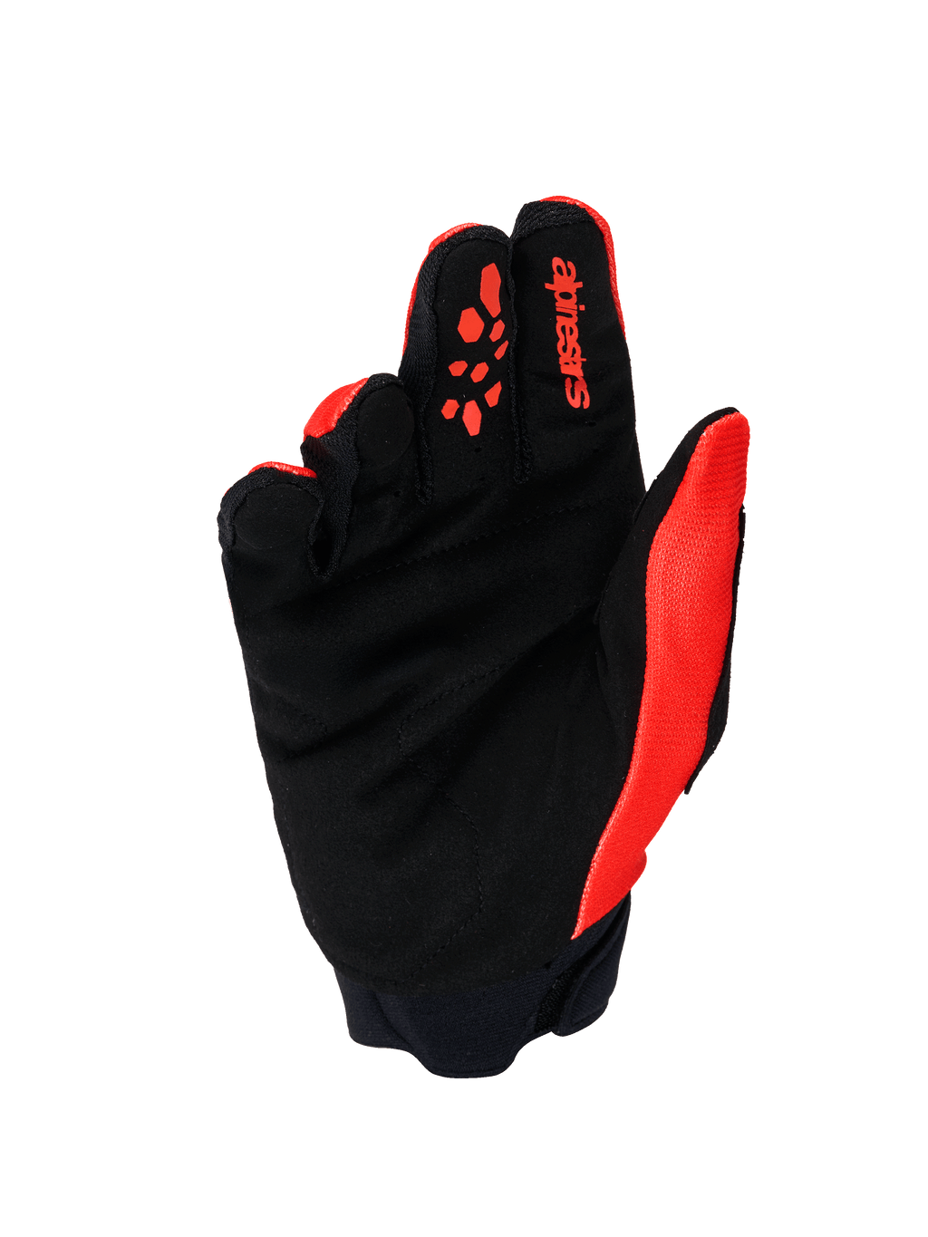 Alpinestars Full Bore V2-handskar, motocrosshandskar, orange och svarta, vy av handflatan som visar förstärkt handflata i syntetmocka, orange silikongrepp på fingrarna, röd Alpinestars-logotyp på pekfingret och neoprenmanschett.